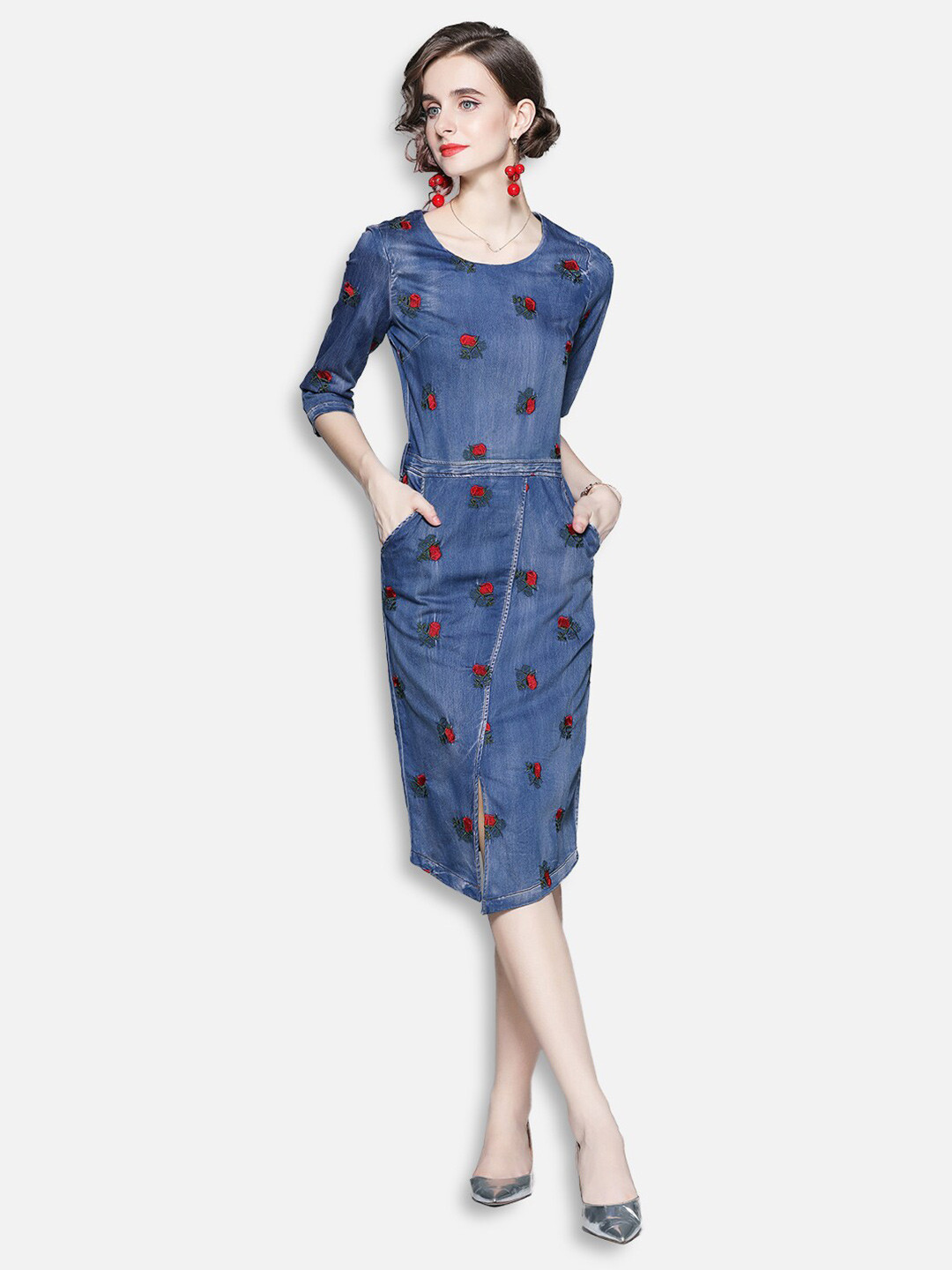 

JC Collection Blue Floral Embroidered Sheath Dress