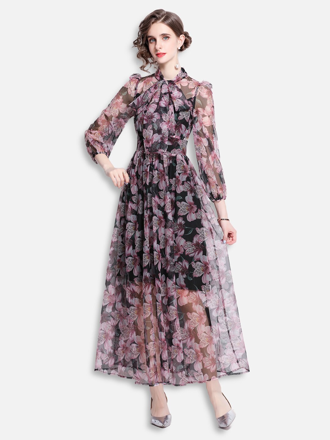 

JC Collection Women Multicoloured Floral Tie-Up Neck Maxi Dress, Multi