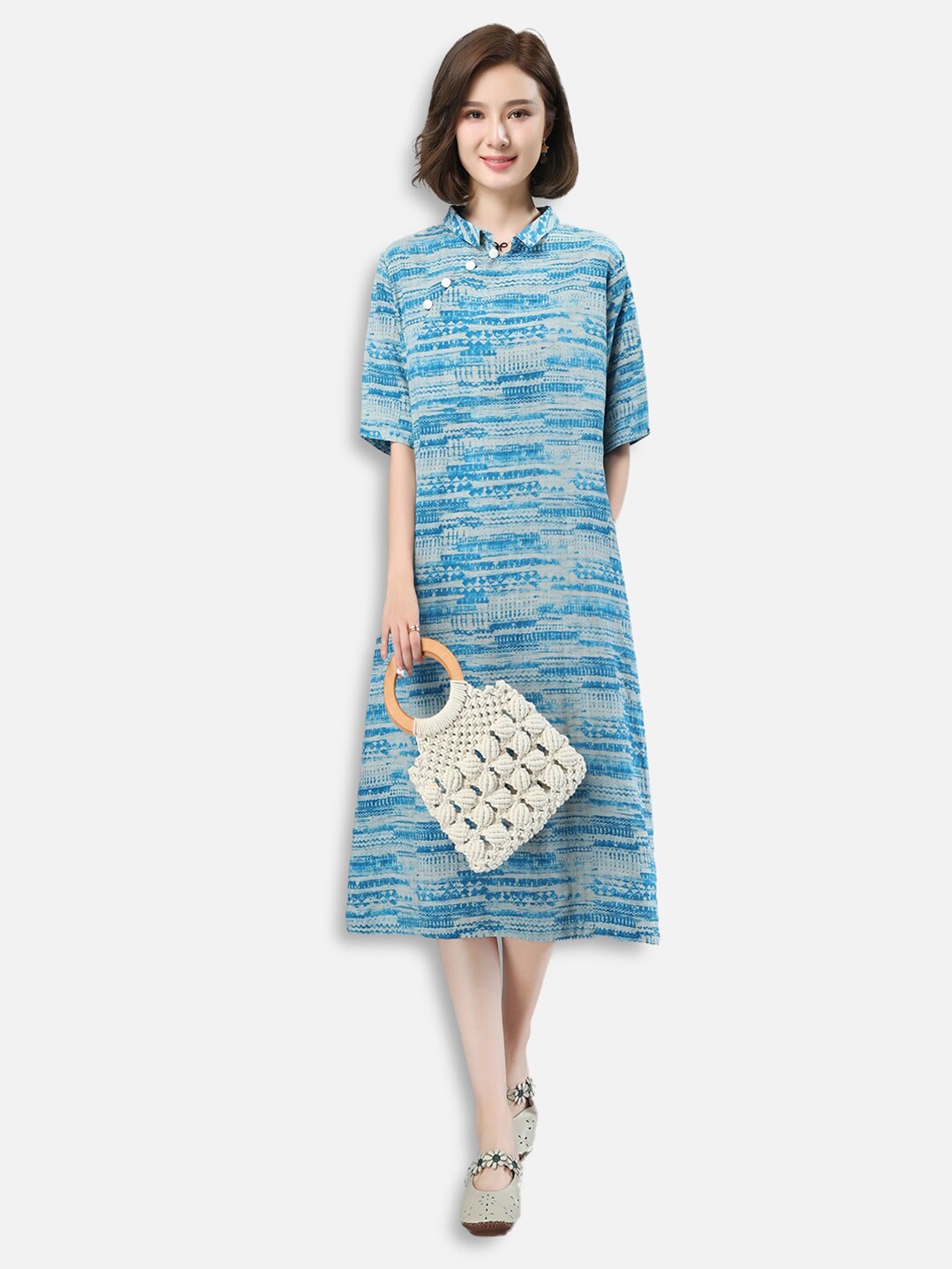 

JC Collection Women Blue & Grey Printed A-Line Dress