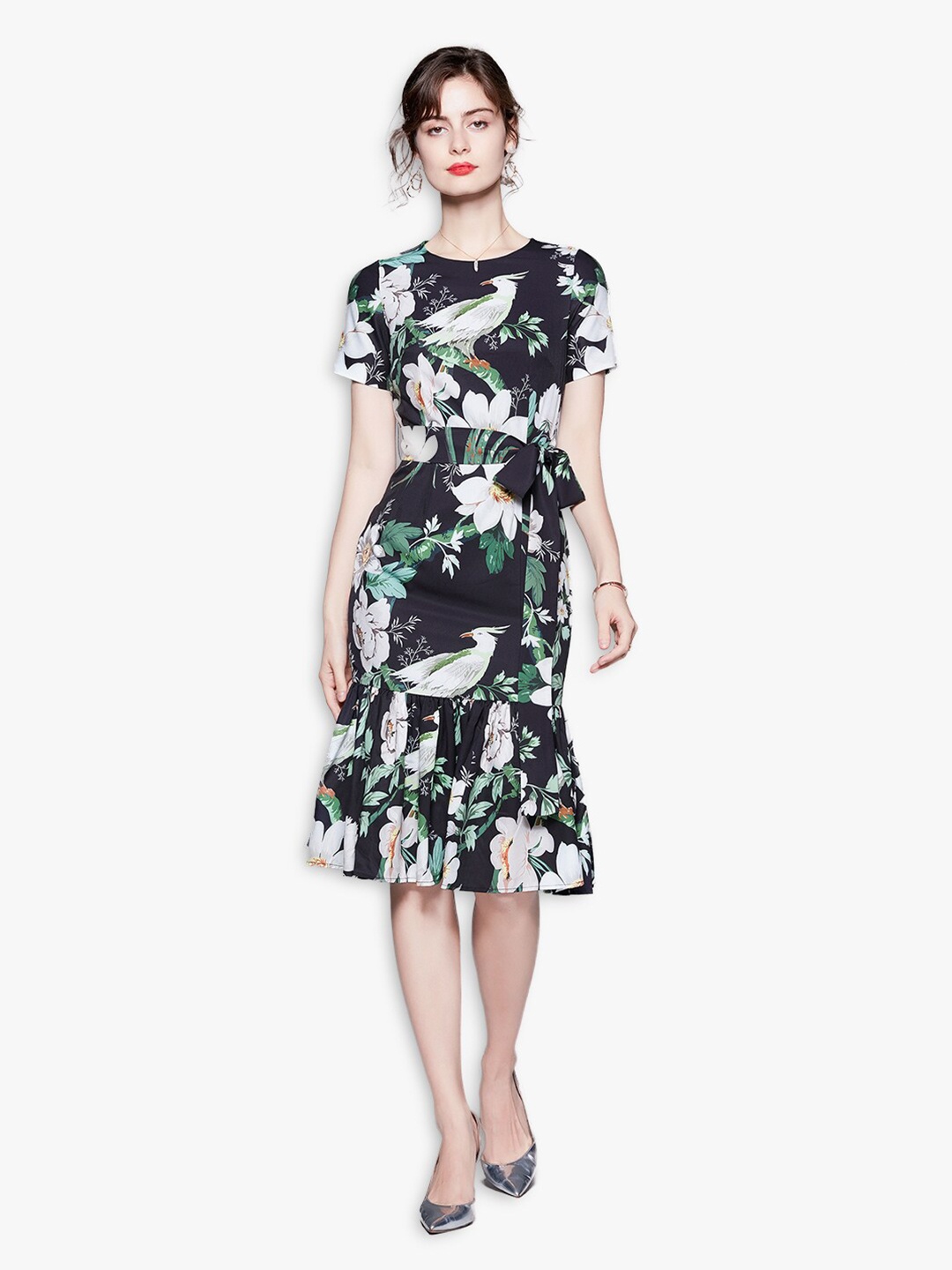 

JC Collection Black & White Floral Dress With Flounce Hem