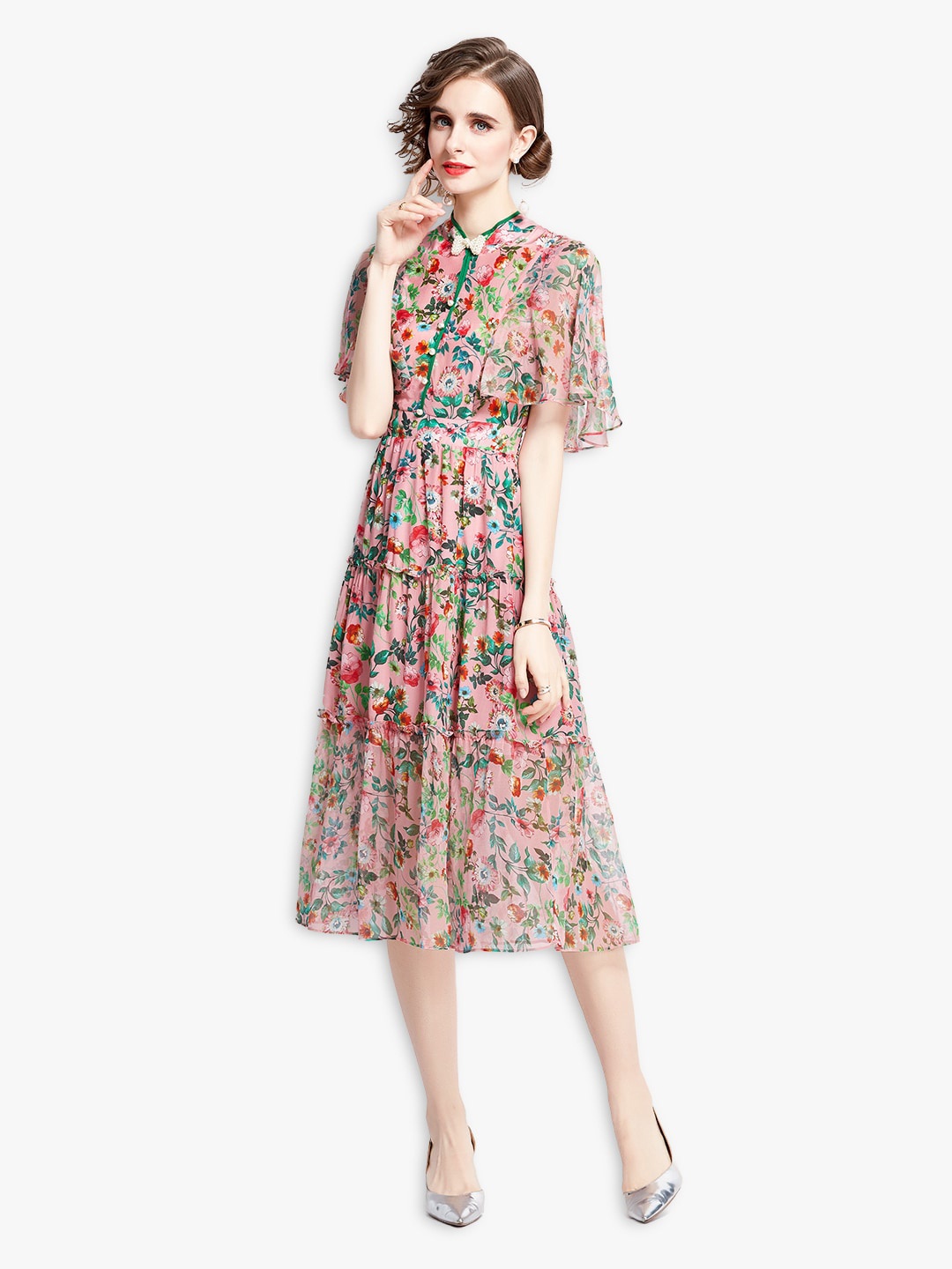 

JC Collection Pink & Blue Floral A-Line Midi Dress