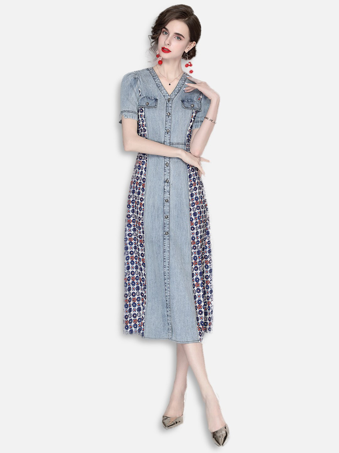 

JC Collection Blue Printed Denim A-Line Dress
