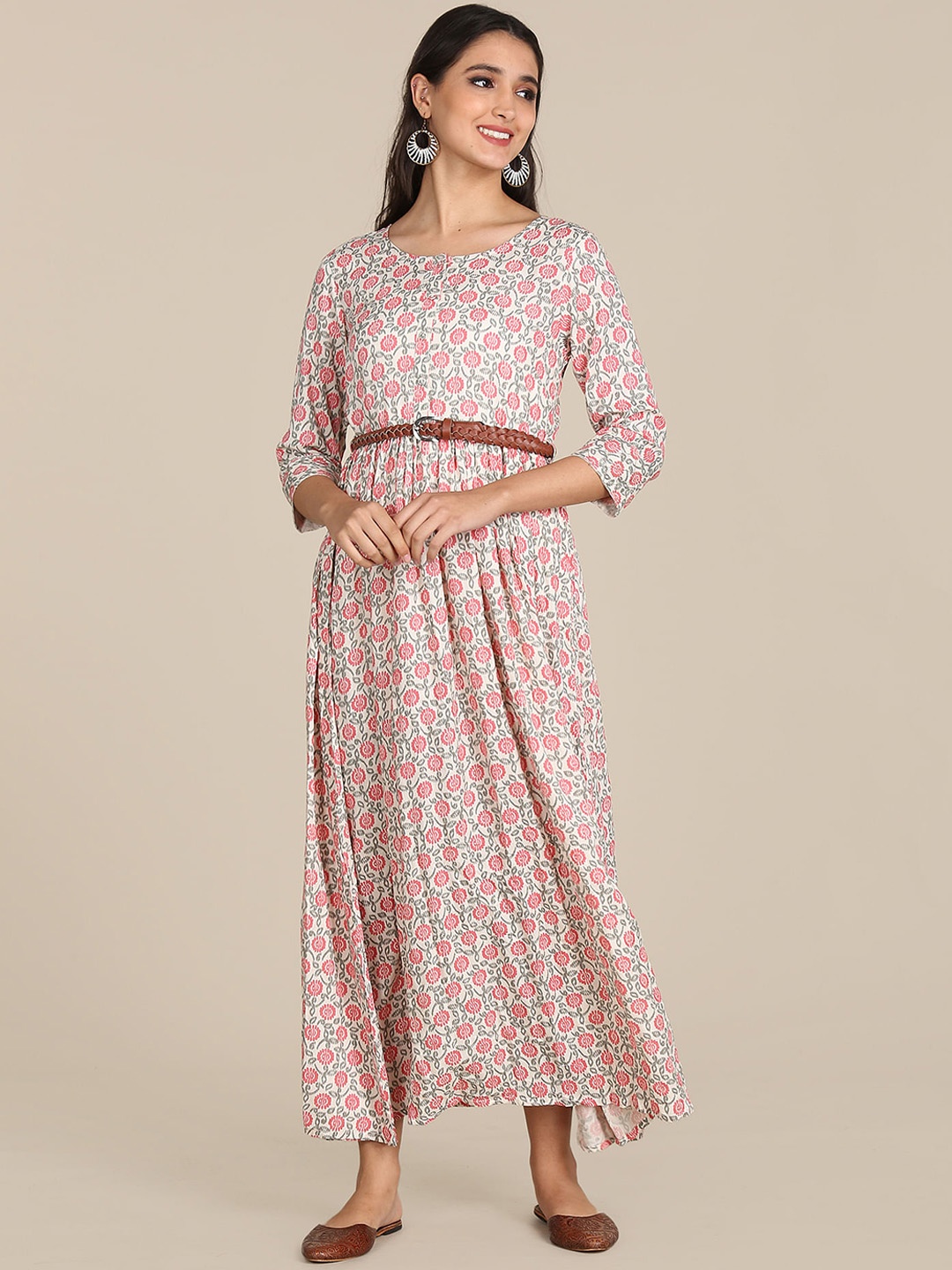 

Karigari Women Off White & Pink Ethnic Motifs Belted Maxi Dress
