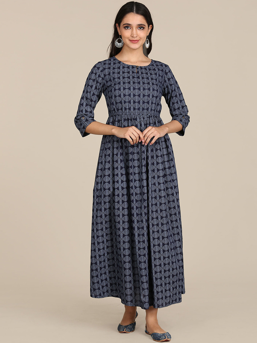

Karigari Women Navy Blue Geometric Printed Midi Dress