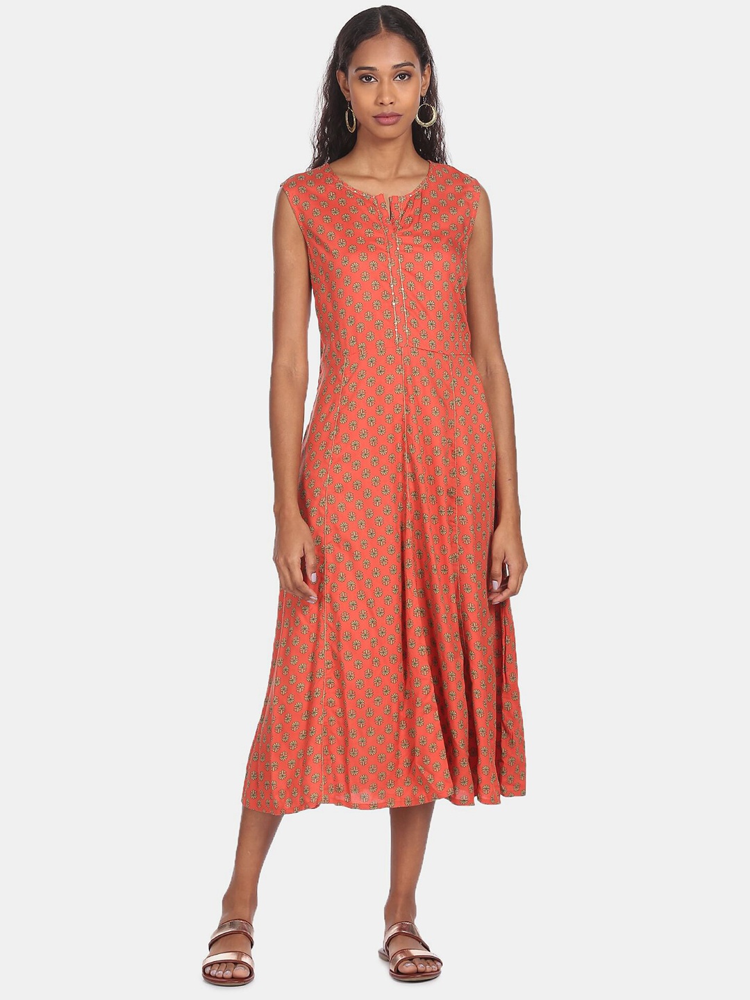 

Karigari Women Orange & Beige Ethnic Motifs Printed Midi Dress