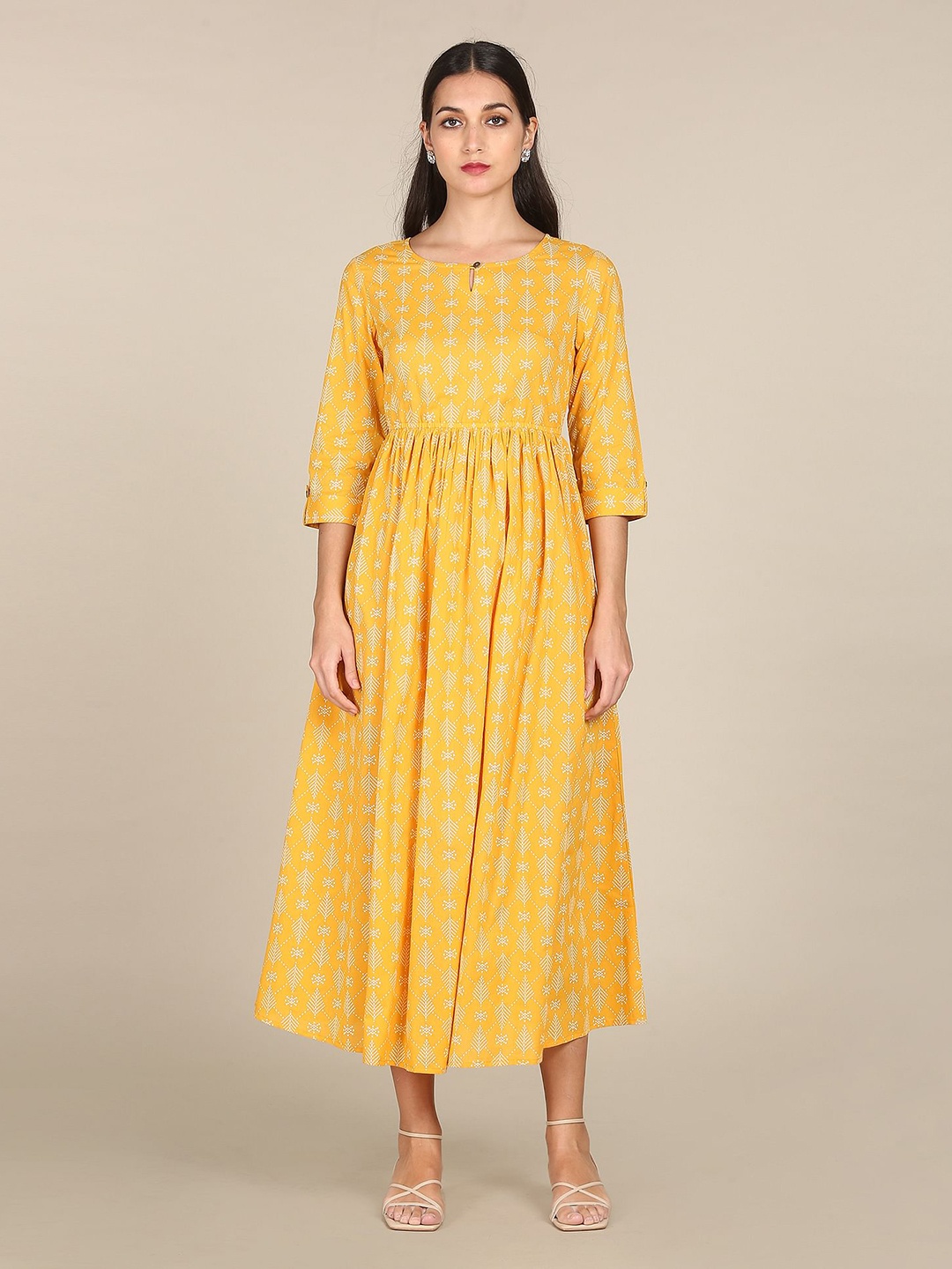 

Karigari Women Mustard Yellow & White Keyhole Neck Maxi Dress