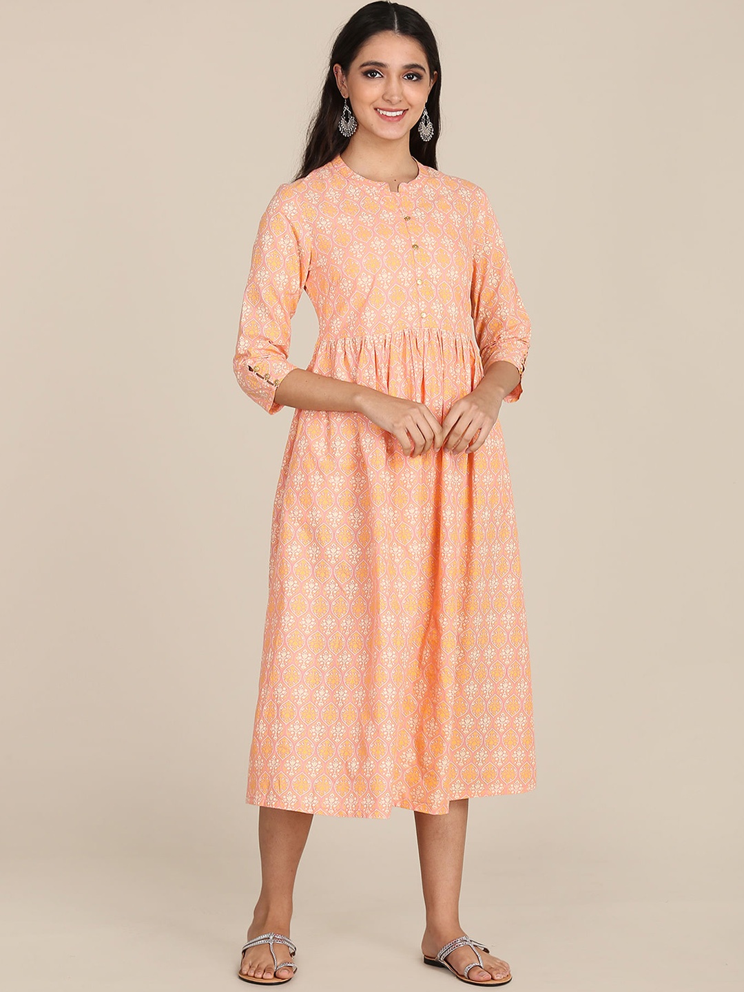 

Karigari Women Coral & Yellow Ethnic Motifs Pure Cotton Midi Dress