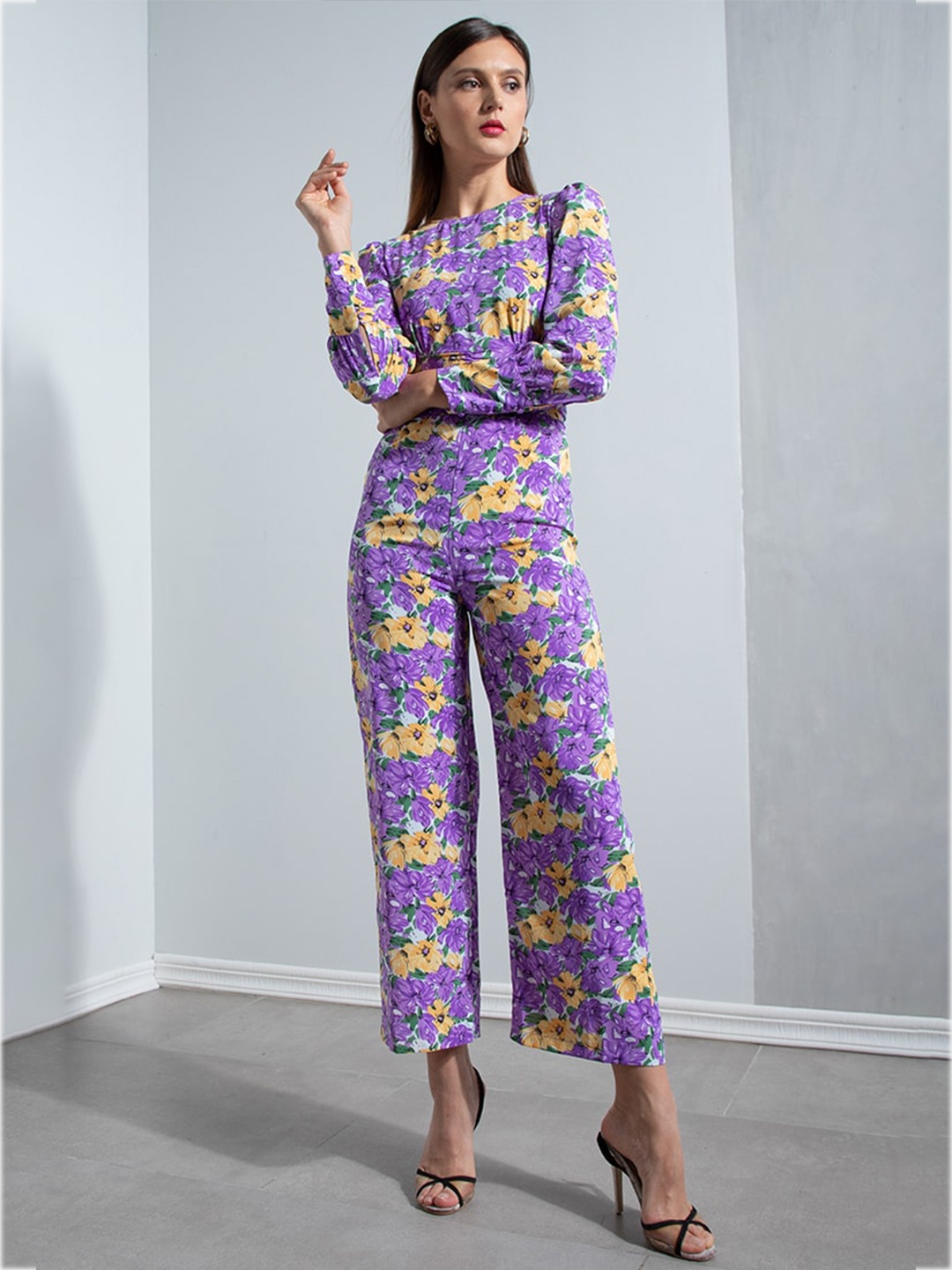 

ZALORA OCCASION Purple & Yellow Printed Ruched Waist Detail Jumpsuit