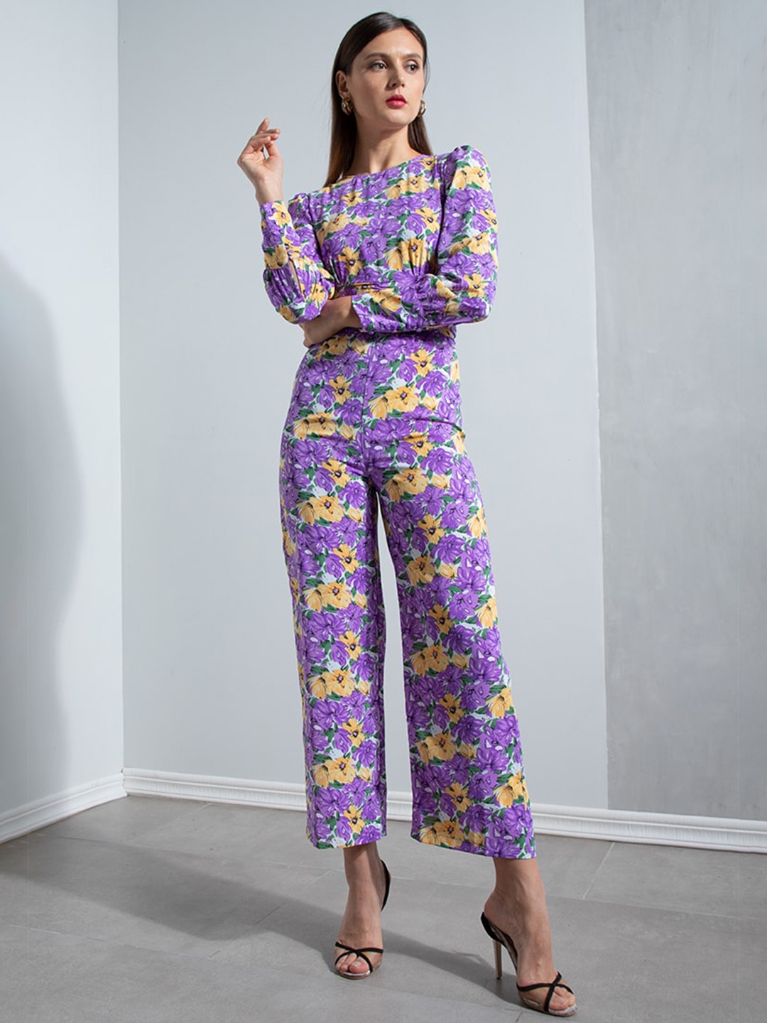 

ZALORA OCCASION Purple & Yellow Printed Ruched Waist Detail Jumpsuit