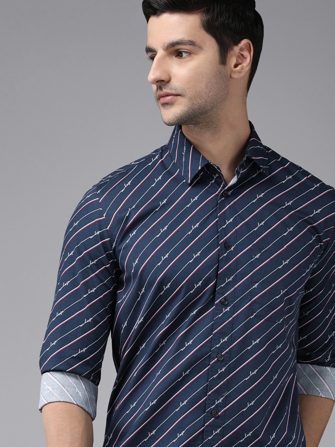 

Van Heusen Sport Men Navy Blue Slim Fit Horizontal Striped And Printed Casual Shirt