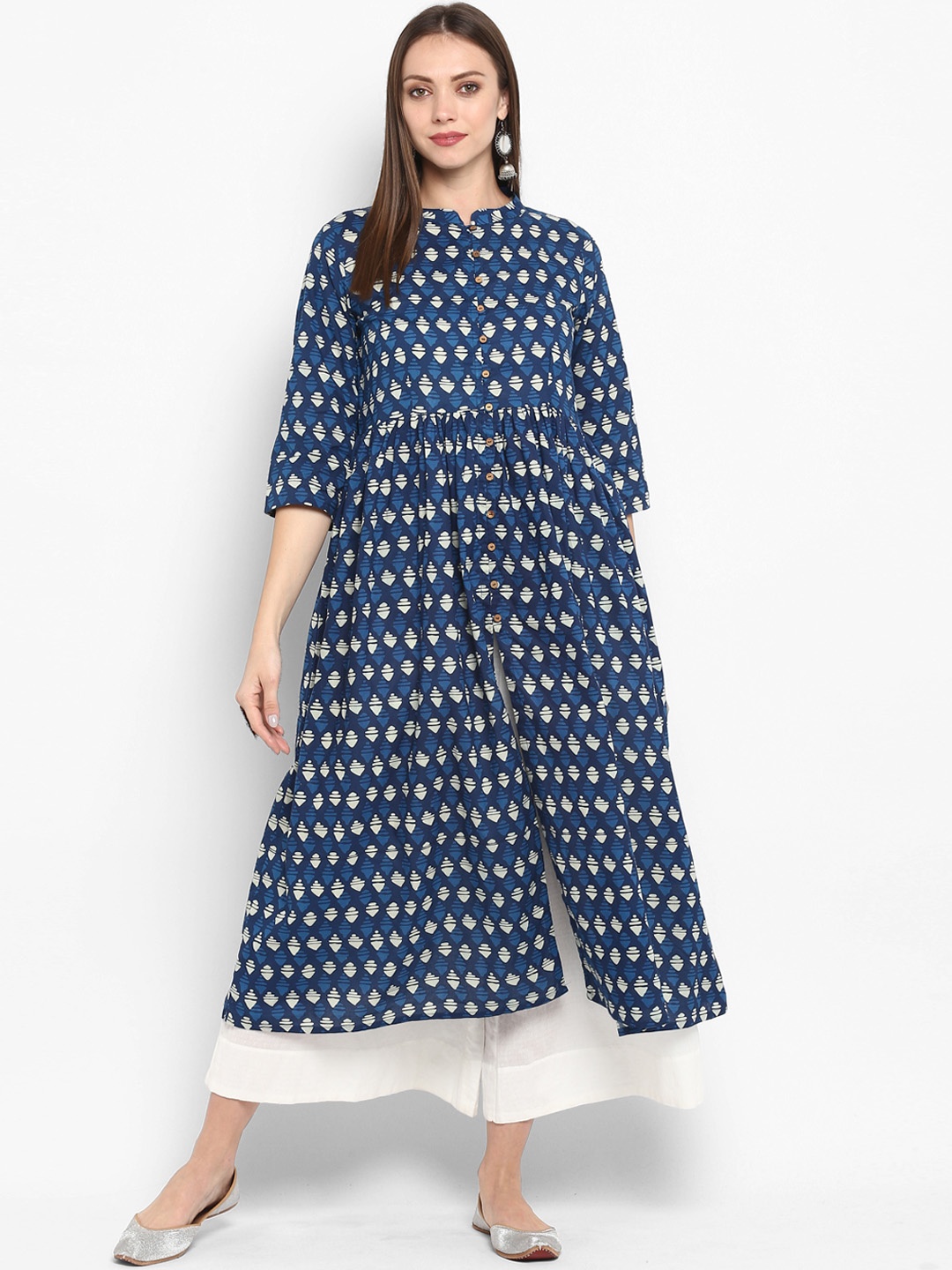 

antaran Women Blue Geometric Printed Indigo Anarkali Kurta