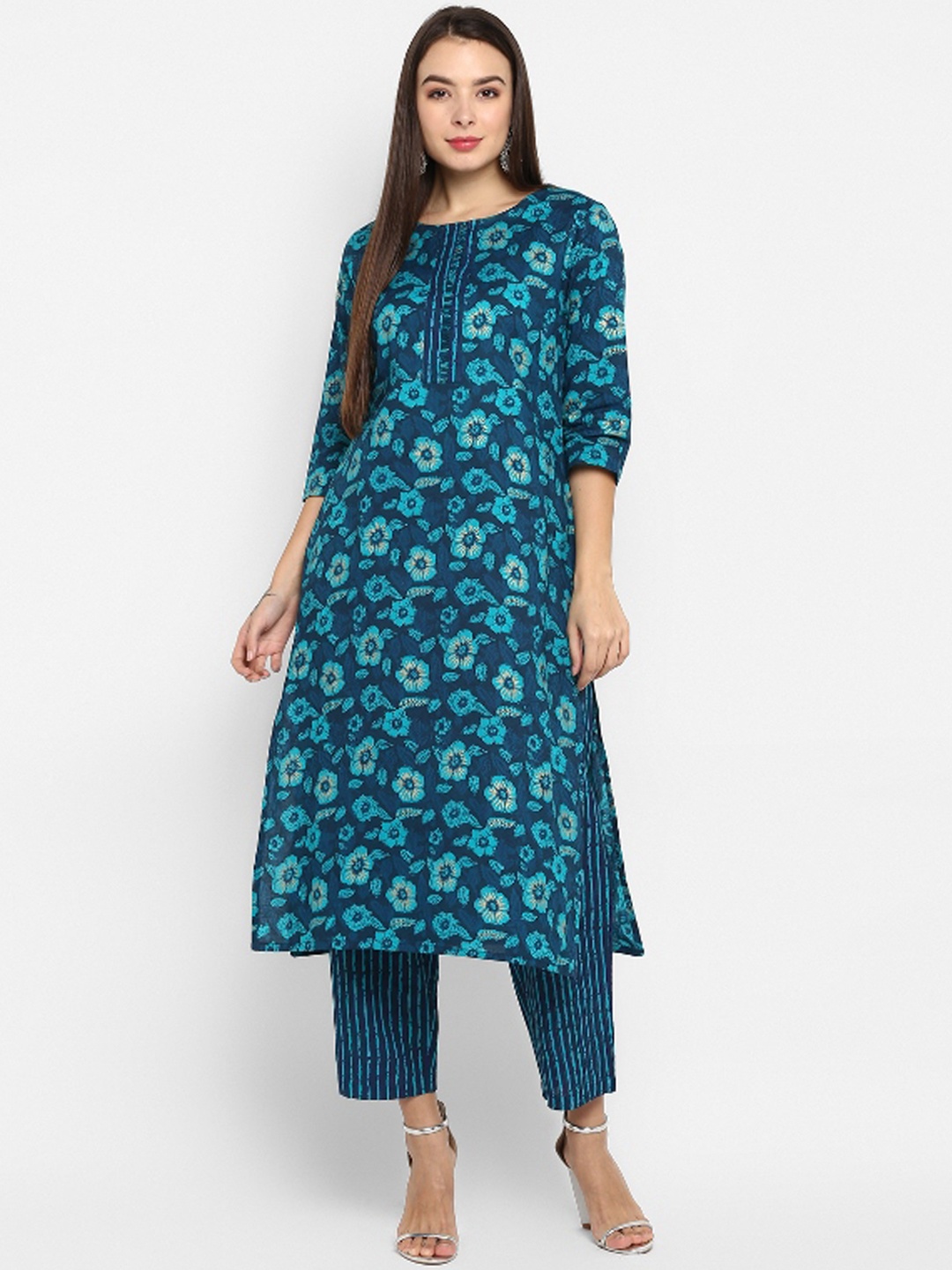 

antaran Women Teal Floral Printed Pure Cotton Kurta with Trousers