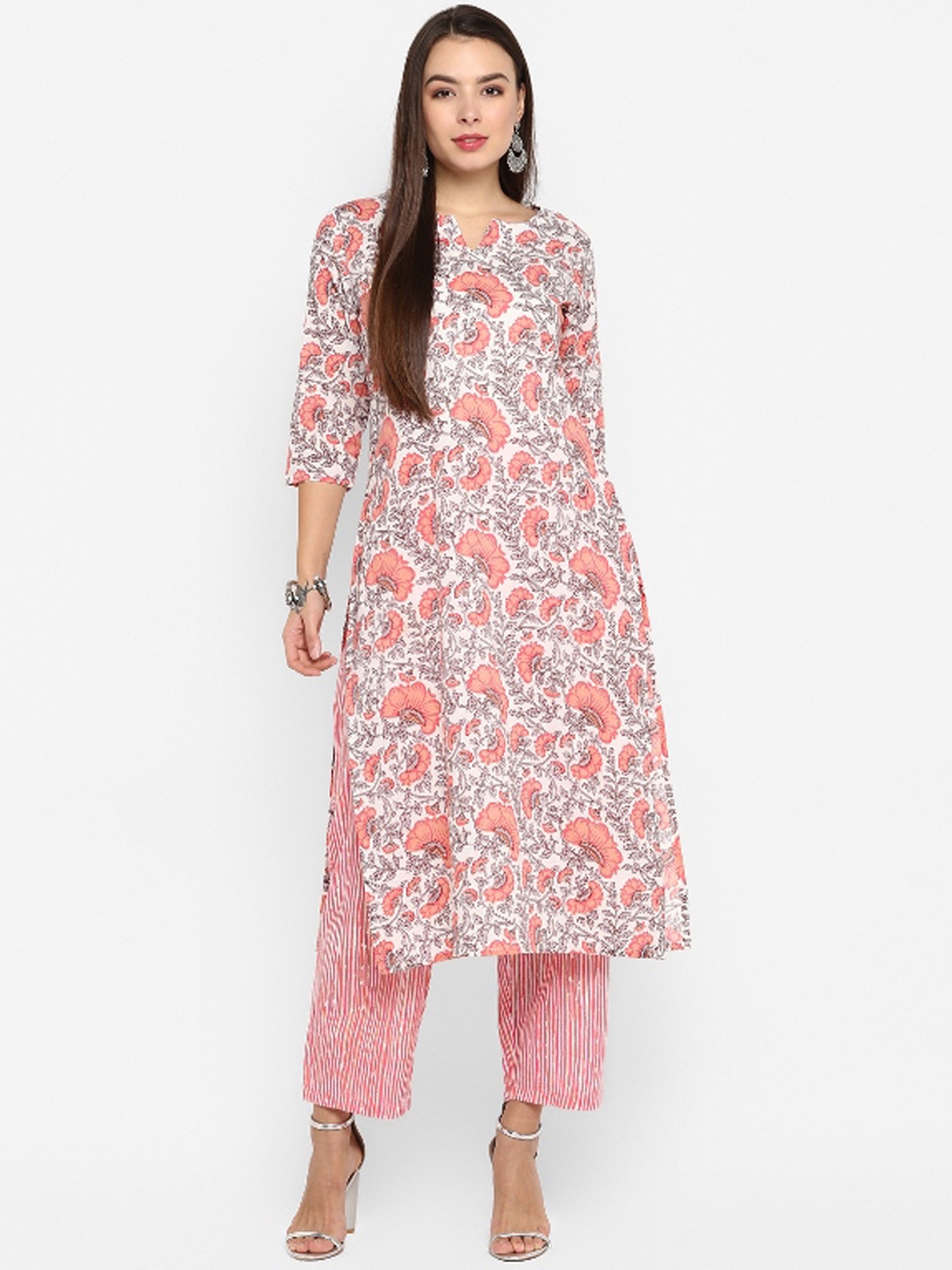 

antaran Women Off White & Pink Floral Printed Kurta