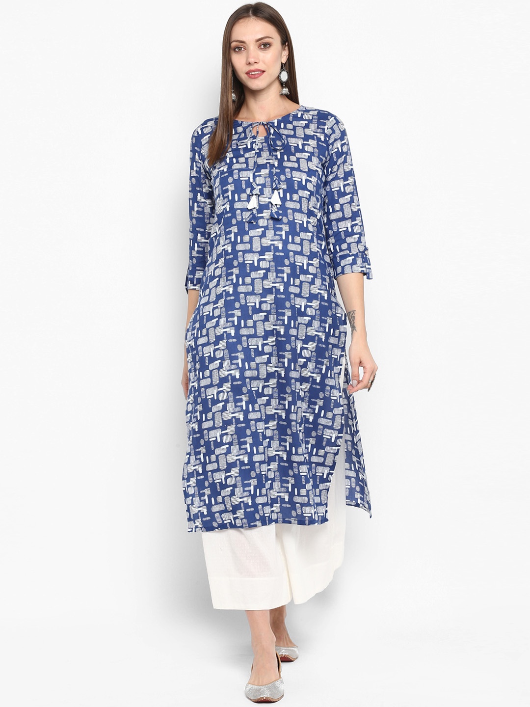 

antaran Women Blue & Grey Printed Keyhole Neck Kurta