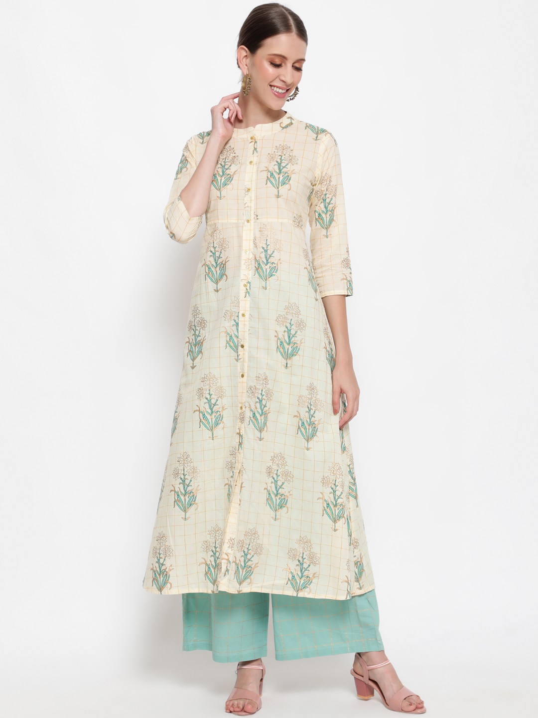 

antaran Women Beige Floral Printed Pure Cotton Kurta with Palazzos