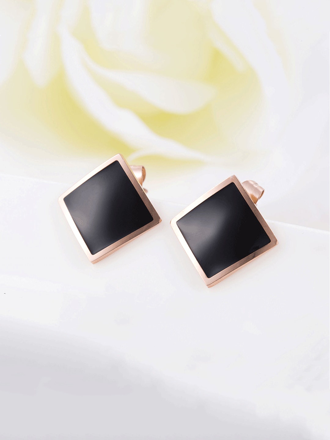 

Yellow Chimes Rose Gold Plated Black Square Stud Earrings