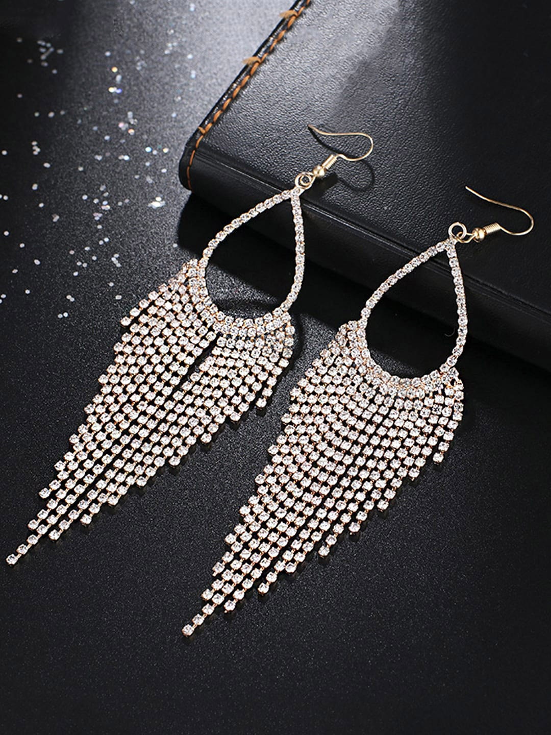 

Yellow Chimes Rose Gold-Plated Tasseled Crystal Drop Earrings