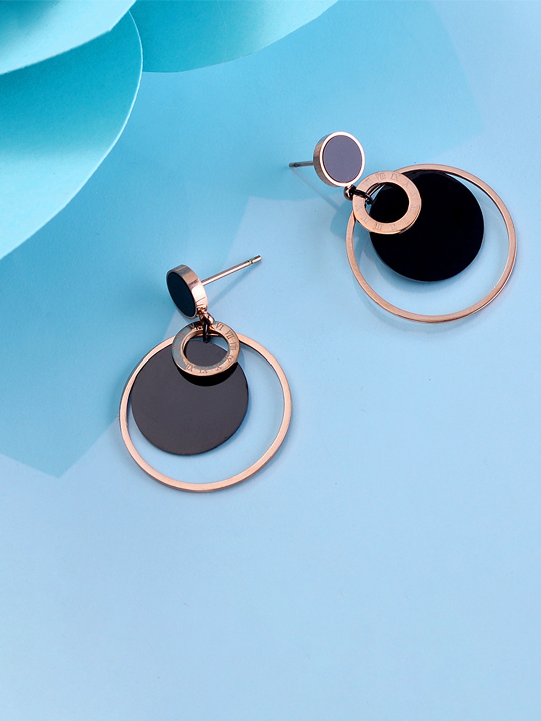 

Yellow Chimes Rose Gold Plated Stainless Steel Circle Drop Earrings, Black