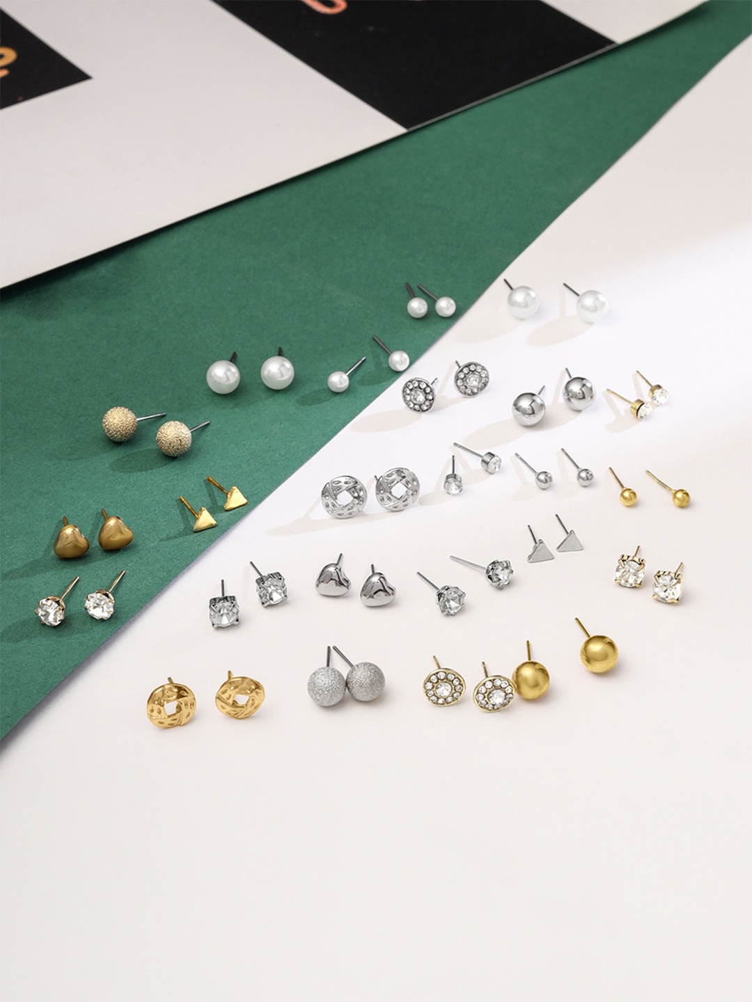 

Yellow Chimes Set of 24 Combo Gold-Toned & Silver-Toned Quirky Studs Earrings