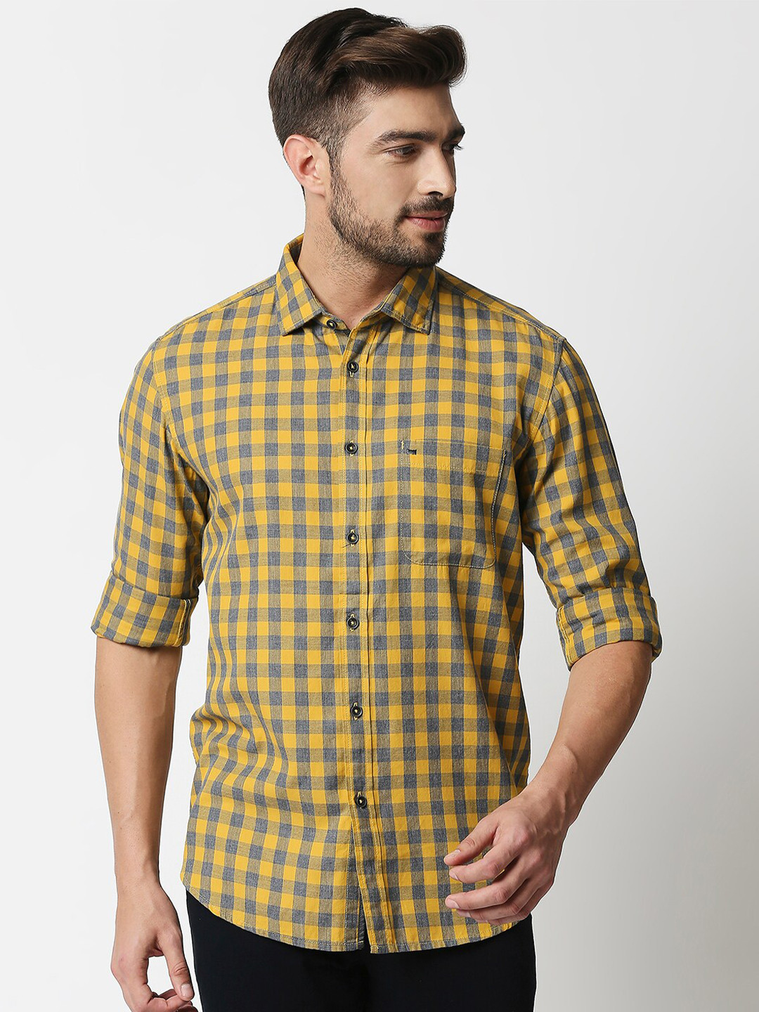 

Basics Men Mustard Yellow & Navy Blue Slim Fit Buffalo Checked Cotton Casual Shirt