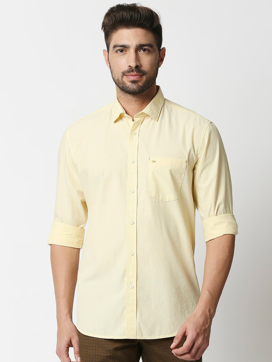 

Basics Men Yellow Solid Slim Fit Cotton Casual Shirt