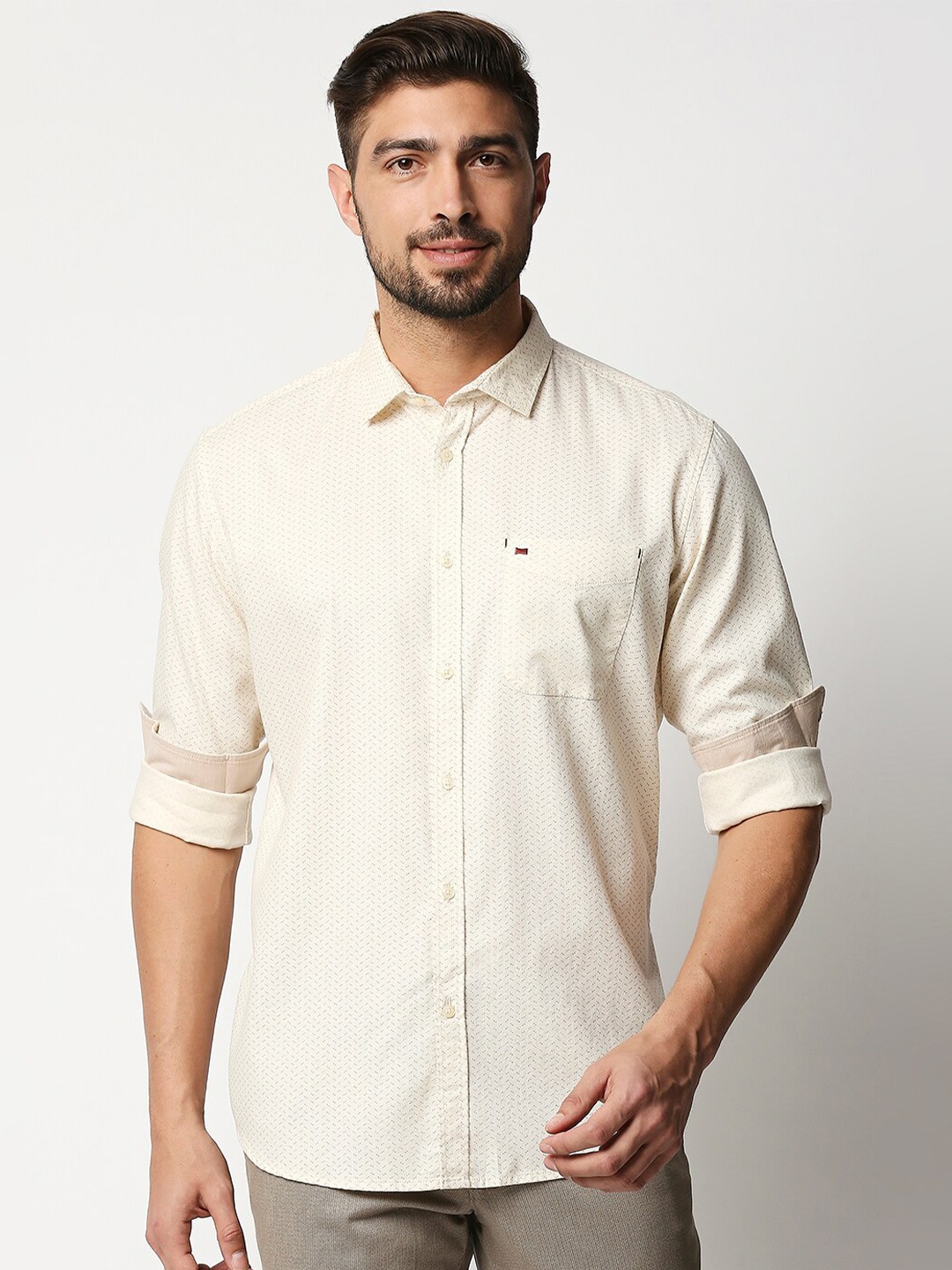 

Basics Men Yellow & Charcoal Grey Slim Fit Ditsy Print Cotton Casual Shirt