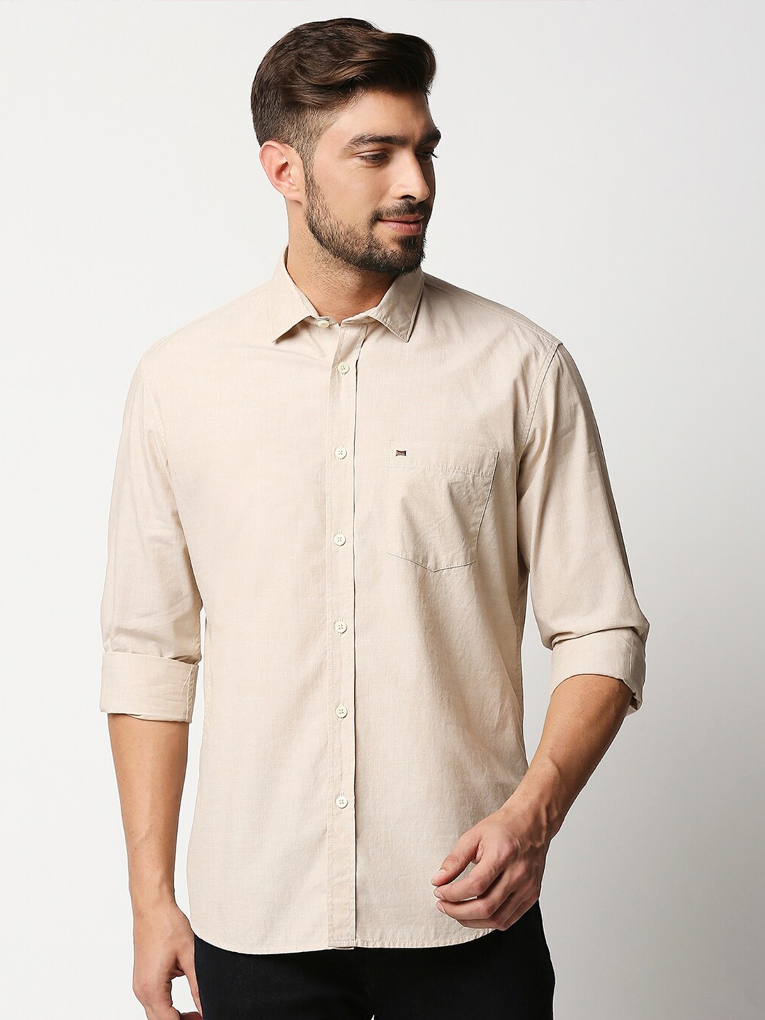 

Basics Men Beige Slim Fit Cotton Casual Shirt