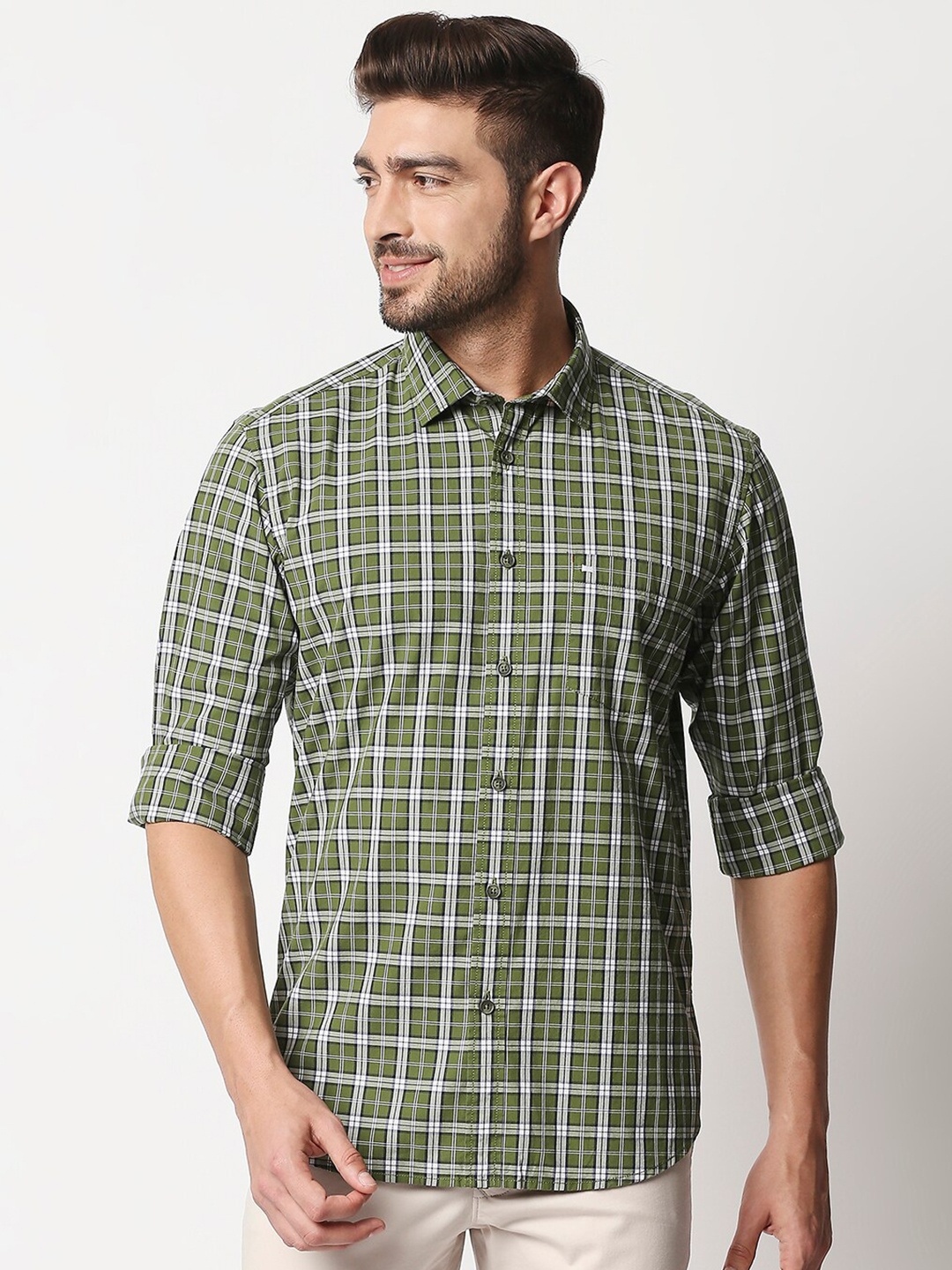 

Basics Men Olive Green & White Slim Fit Checked Cotton Casual Shirt