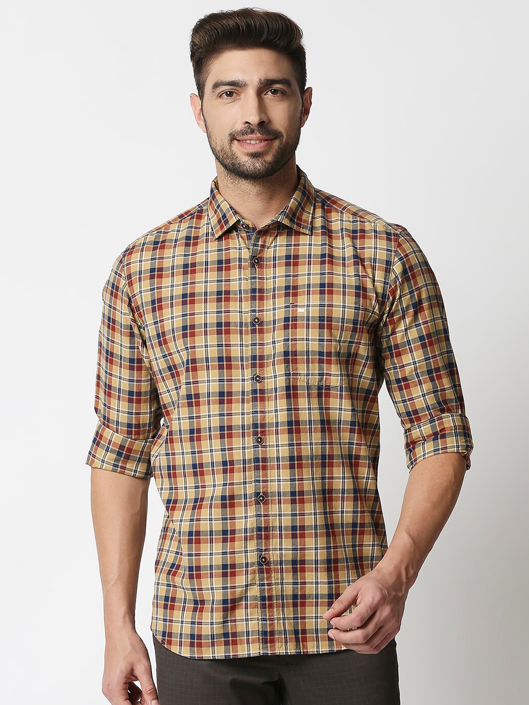 

Basics Men Khaki & Navy Blue Slim Fit Checked Cotton Casual Shirt