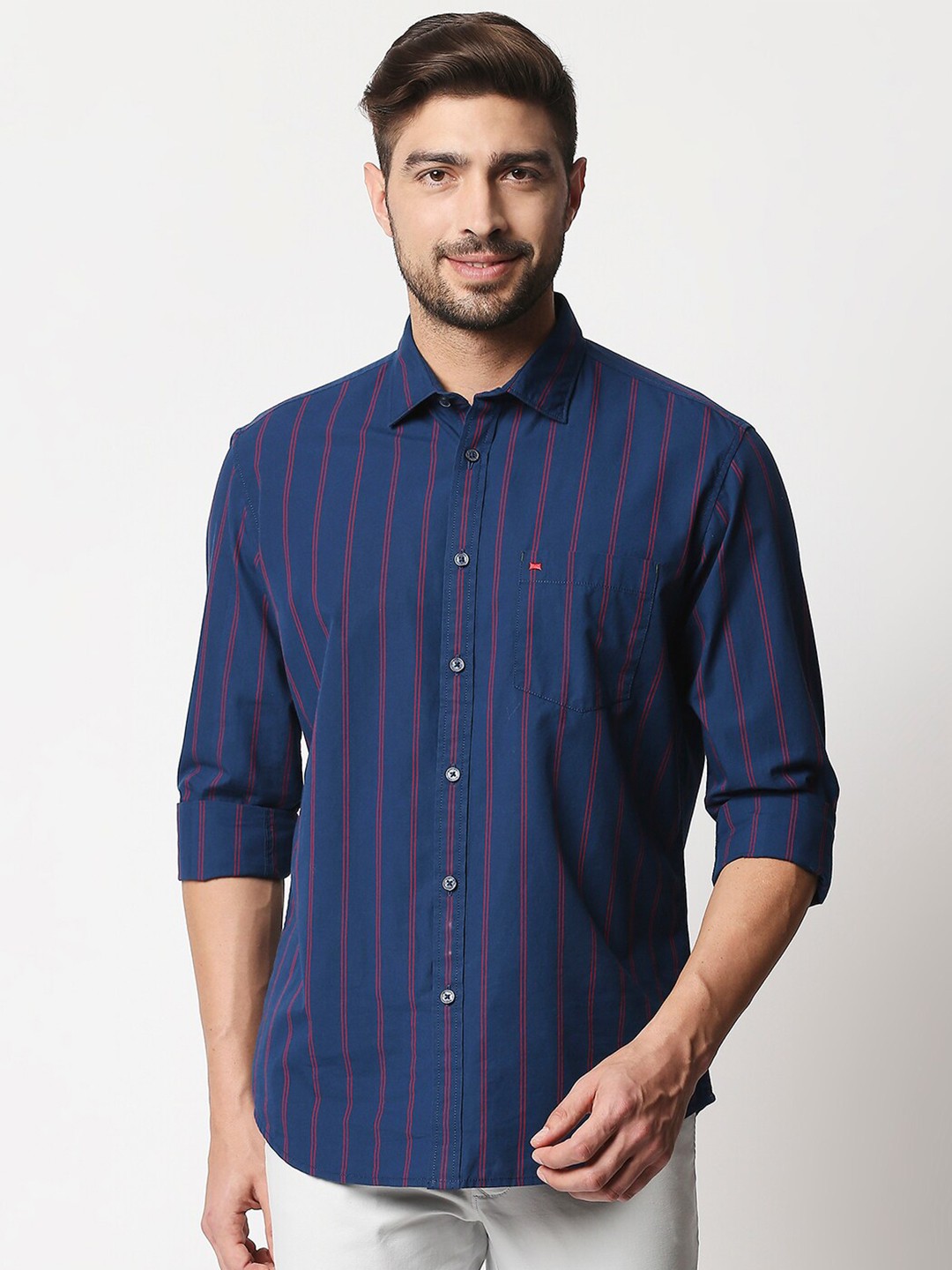 

Basics Men Navy Blue & Maroon Slim Fit Striped Cotton Casual Shirt