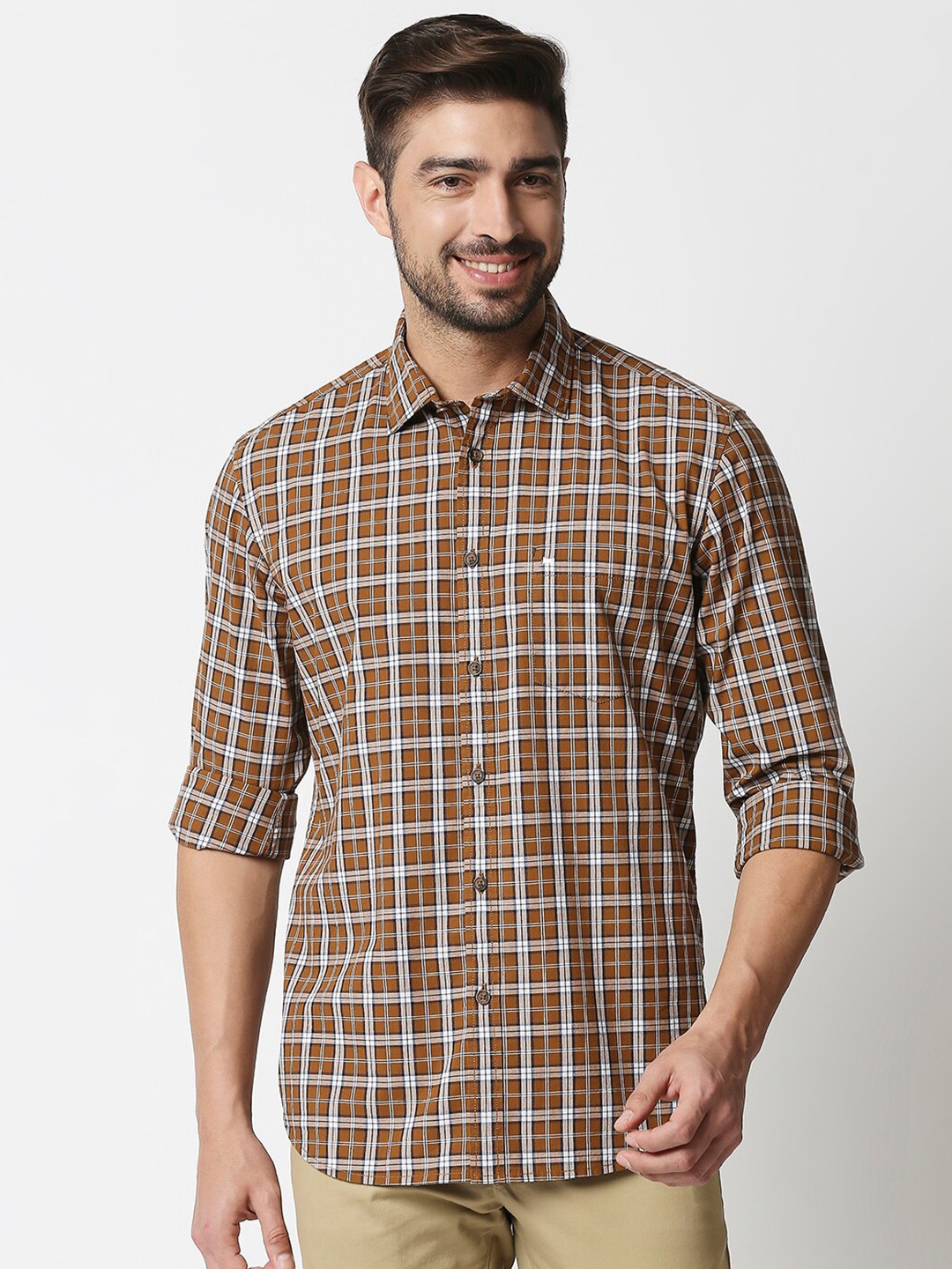 

Basics Men Camel Brown & White Slim Fit Checked Cotton Casual Shirt