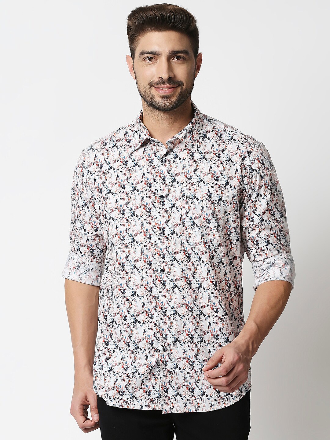 

Basics Men White & Orange Slim Fit Floral Print Cotton Casual Shirt
