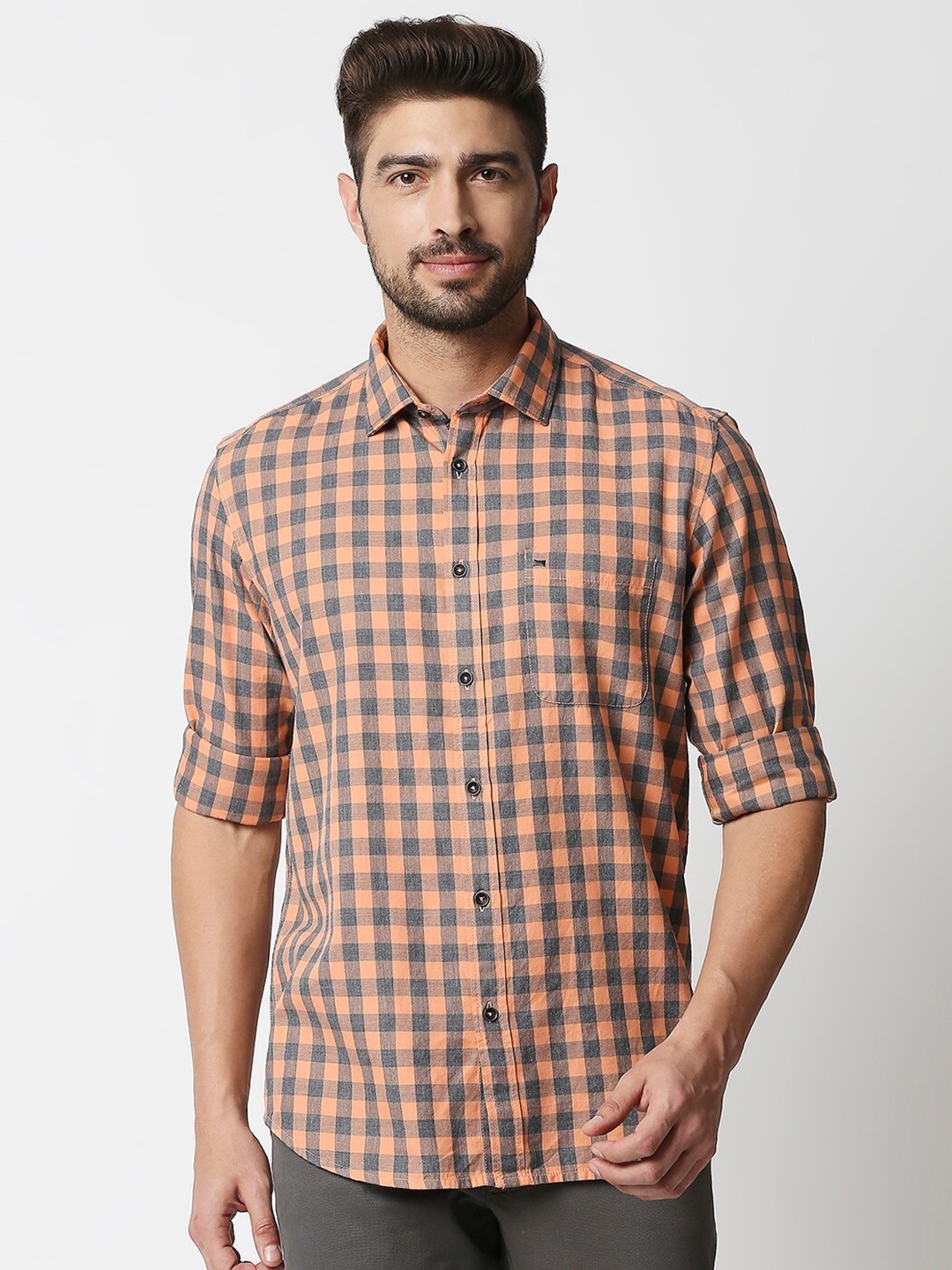 

Basics Men Orange & Navy Blue Slim Fit Buffalo Checked Cotton Casual Shirt