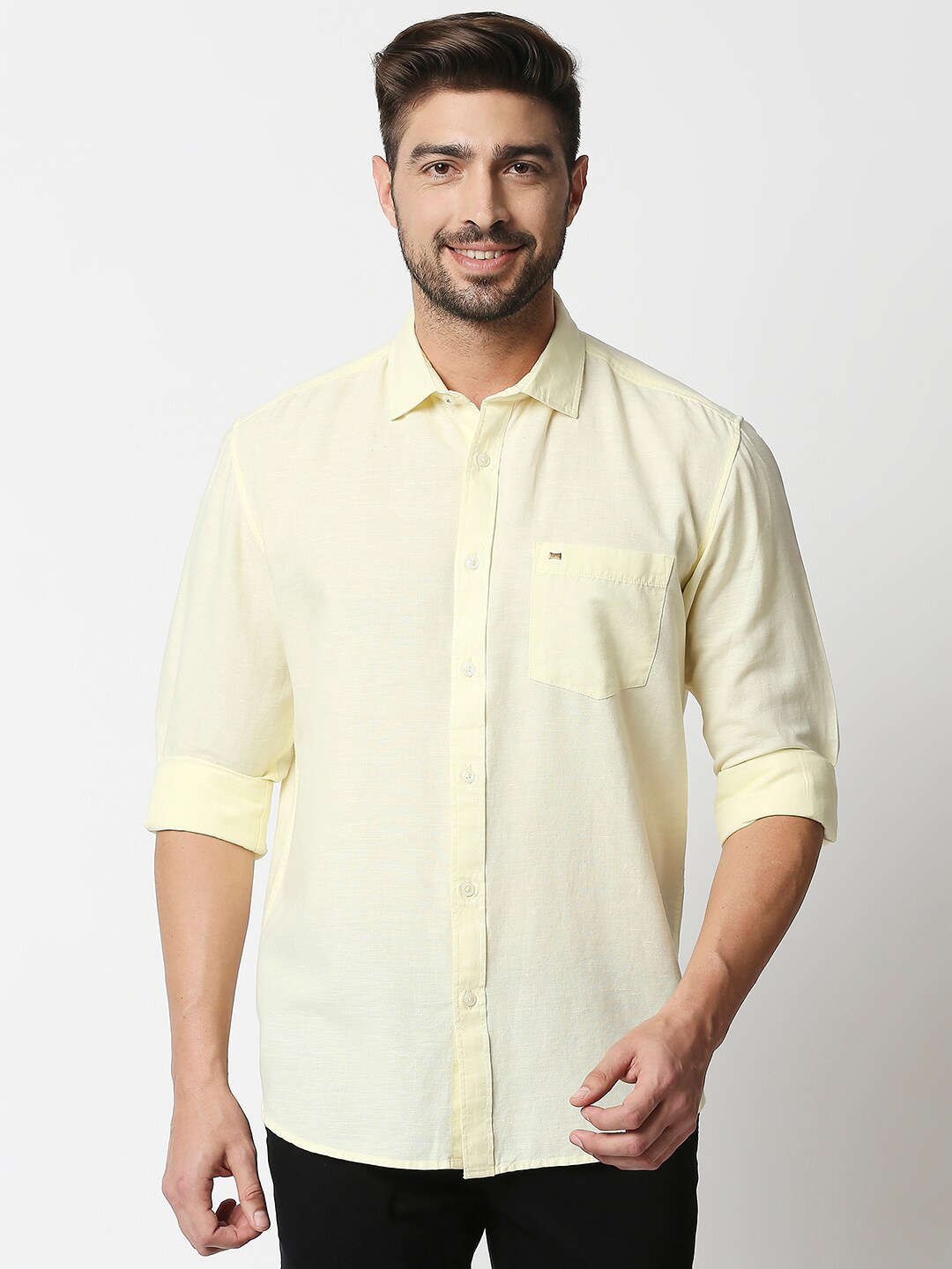 

Basics Men Yellow Solid Slim Fit Cotton Casual Shirt