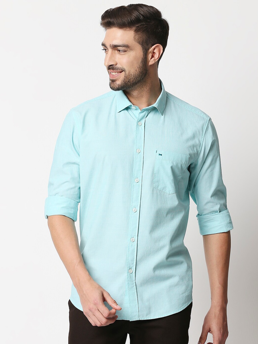 

Basics Men Blue Solid Slim Fit Cotton Casual Shirt