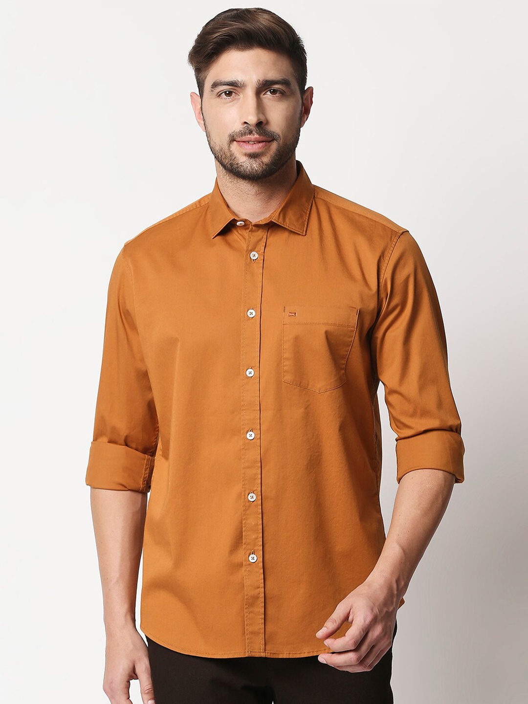 

Basics Men Rust Orange Solid Slim Fit Casual Shirt