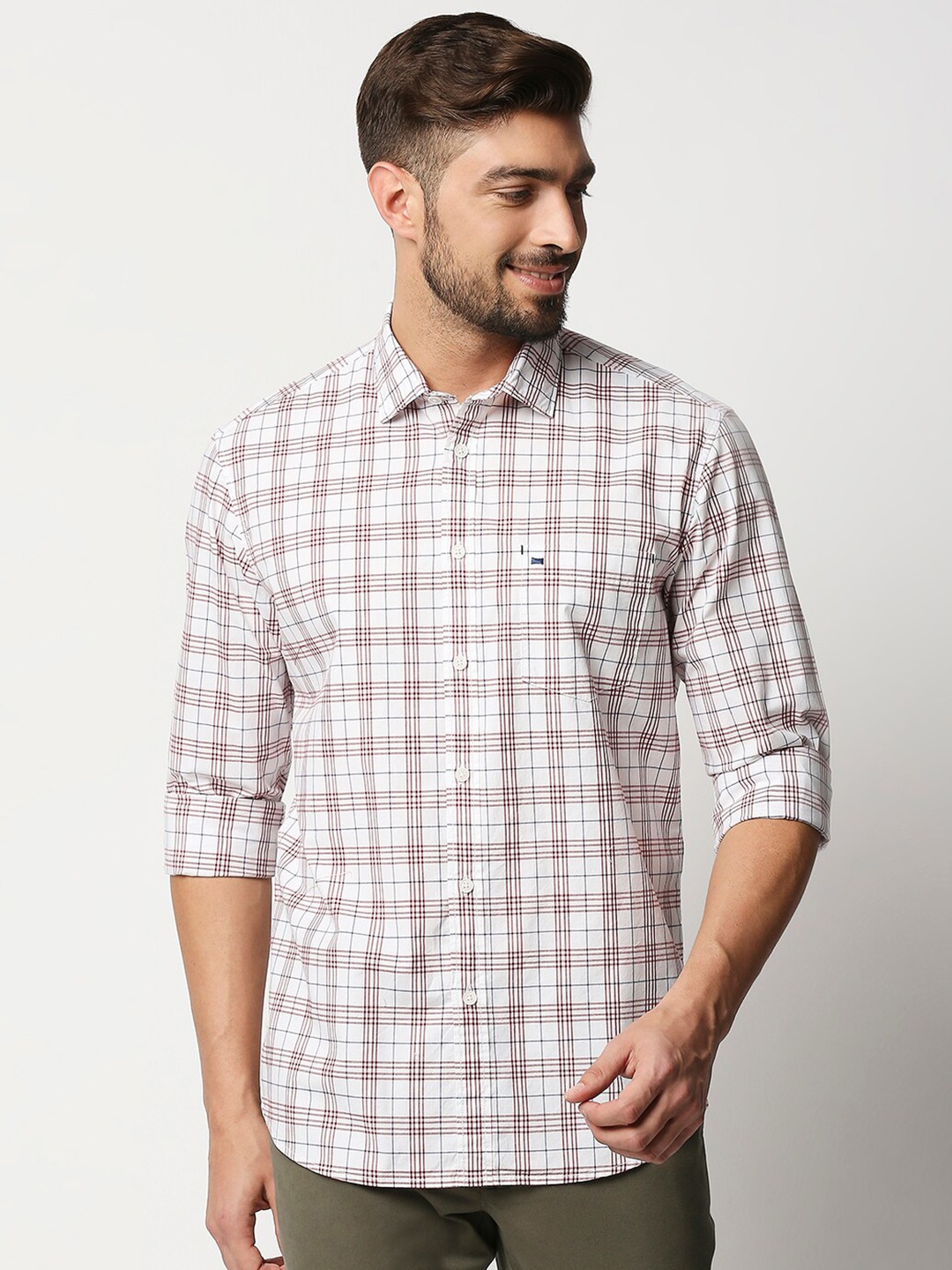 

Basics Men White & Maroon Slim Fit Tartan Checked Cotton Casual Shirt