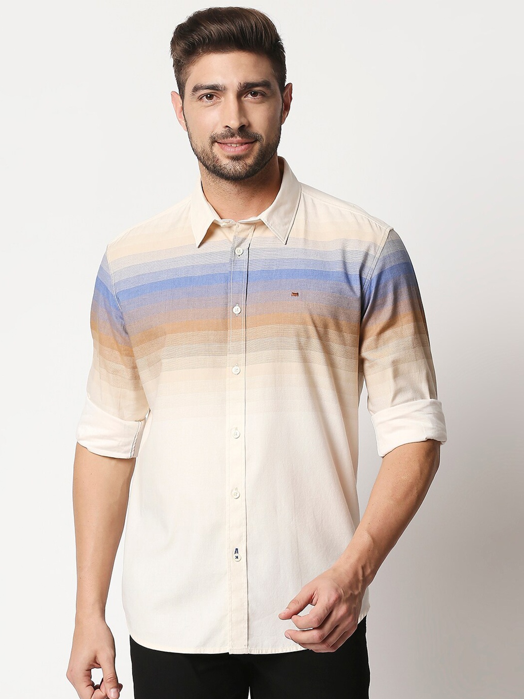 

Basics Men Beige & Blue Slim Fit Horizontal Striped Cotton Casual Shirt