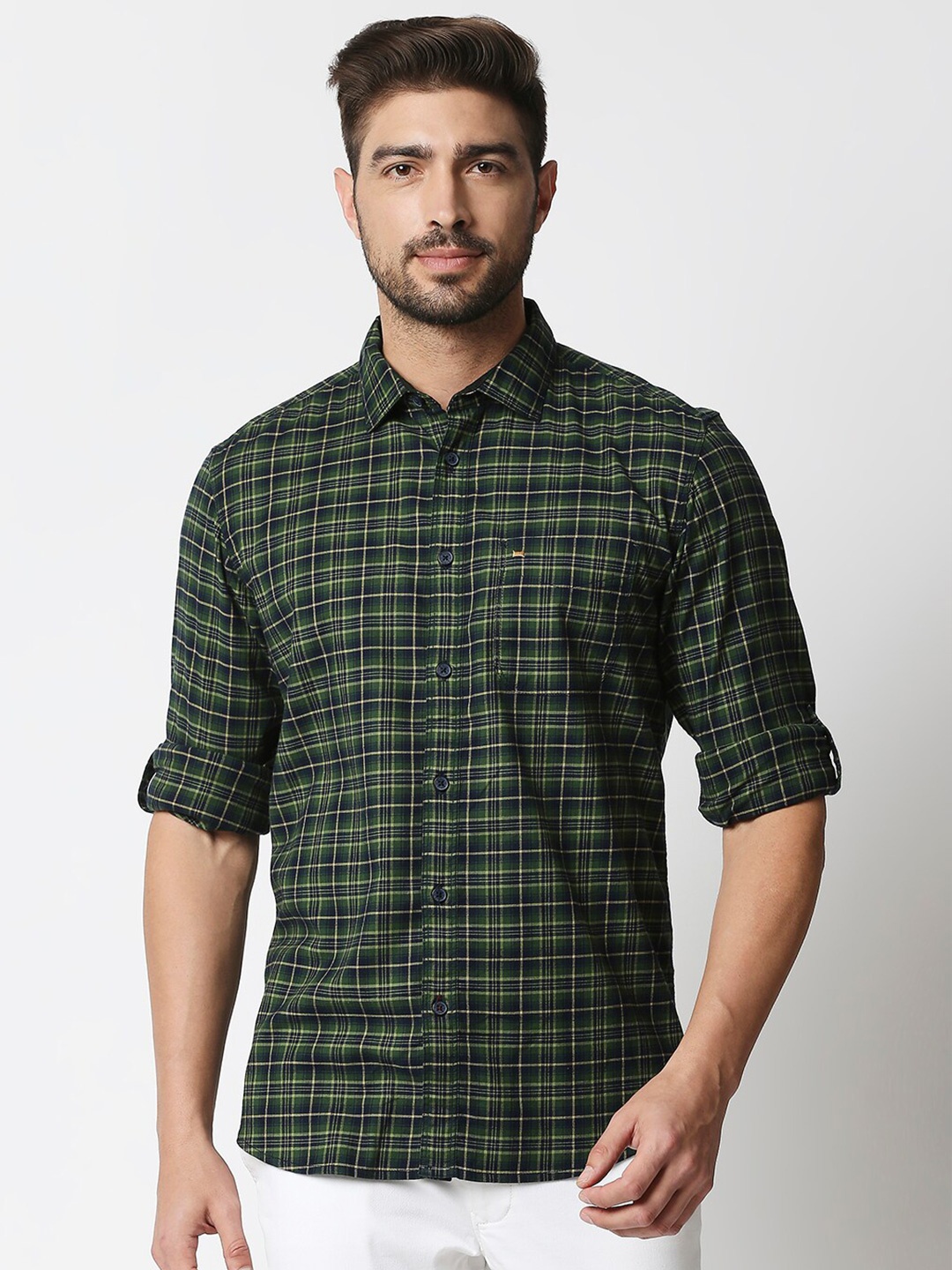 

Basics Men Olive Green & White Slim Fit Checked Cotton Casual Shirt