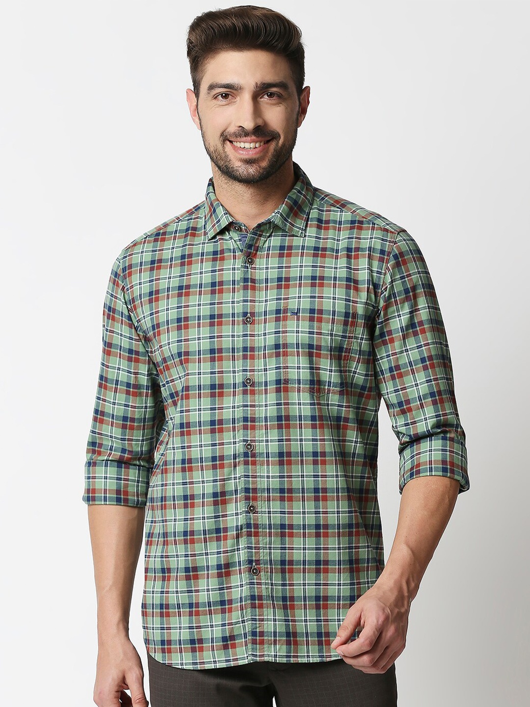

Basics Men Mint Green & Grey Slim Fit Checked Cotton Casual Shirt