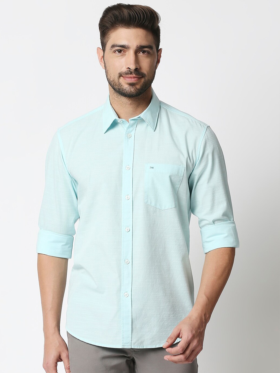 

Basics Men Blue Slim Fit Self Striped Cotton Casual Shirt