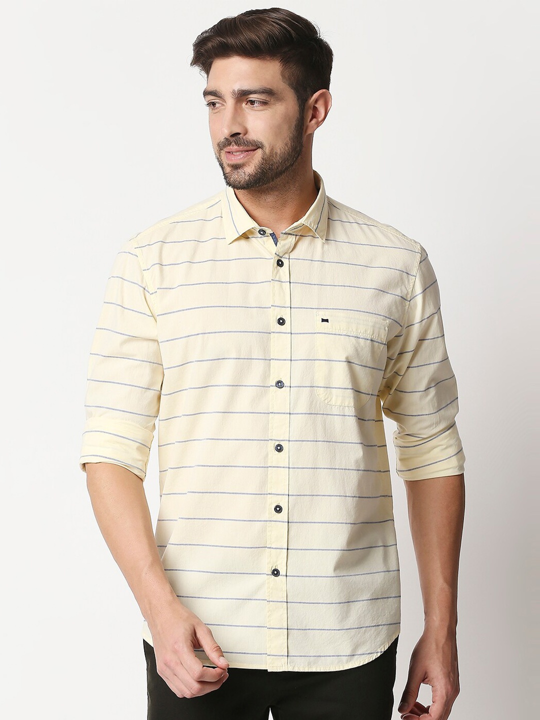 

Basics Men Yellow & Blue Slim Fit Horizontal Striped Cotton Casual Shirt