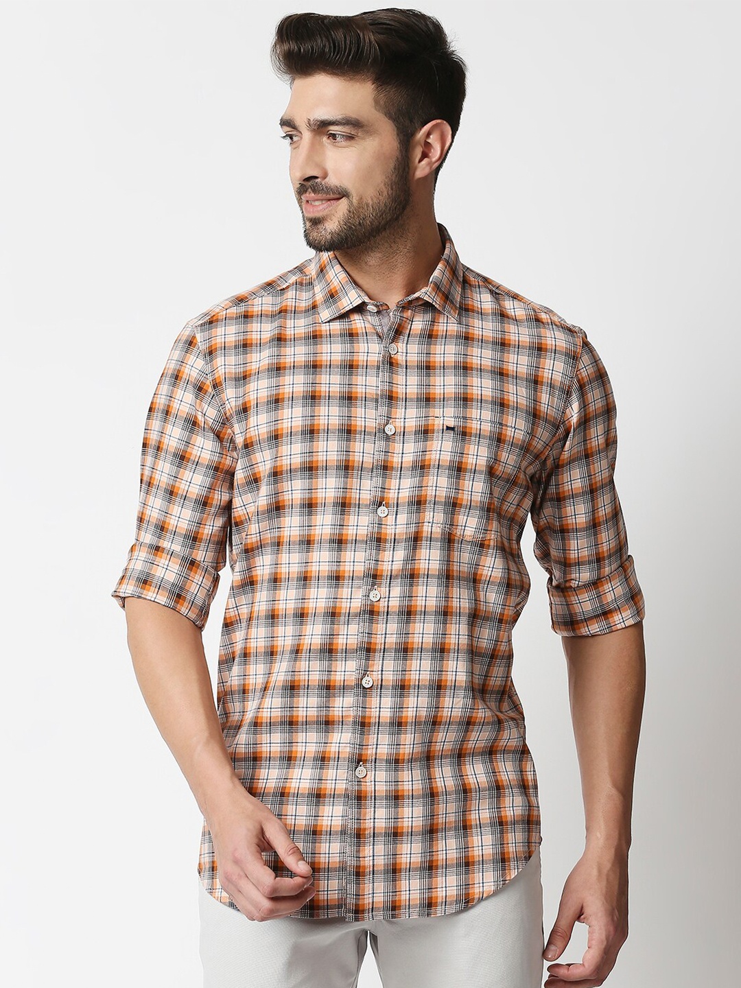 

Basics Men Orange & Black Slim Fit Checked Cotton Casual Shirt