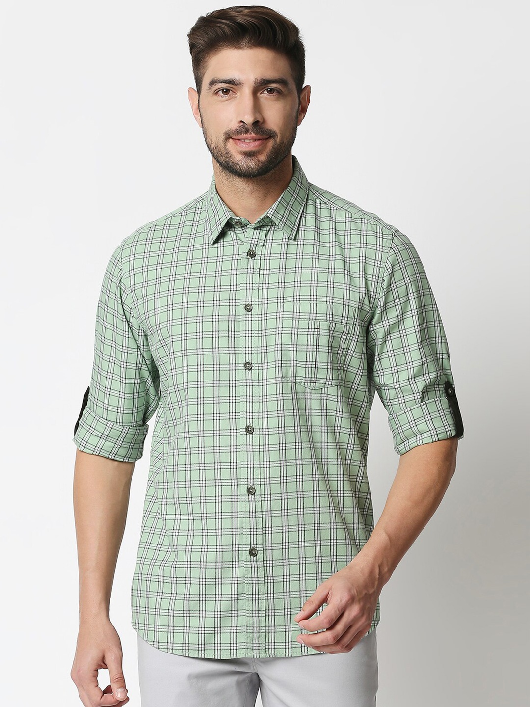 

Basics Men Green & White Slim Fit Checked Cotton Casual Shirt