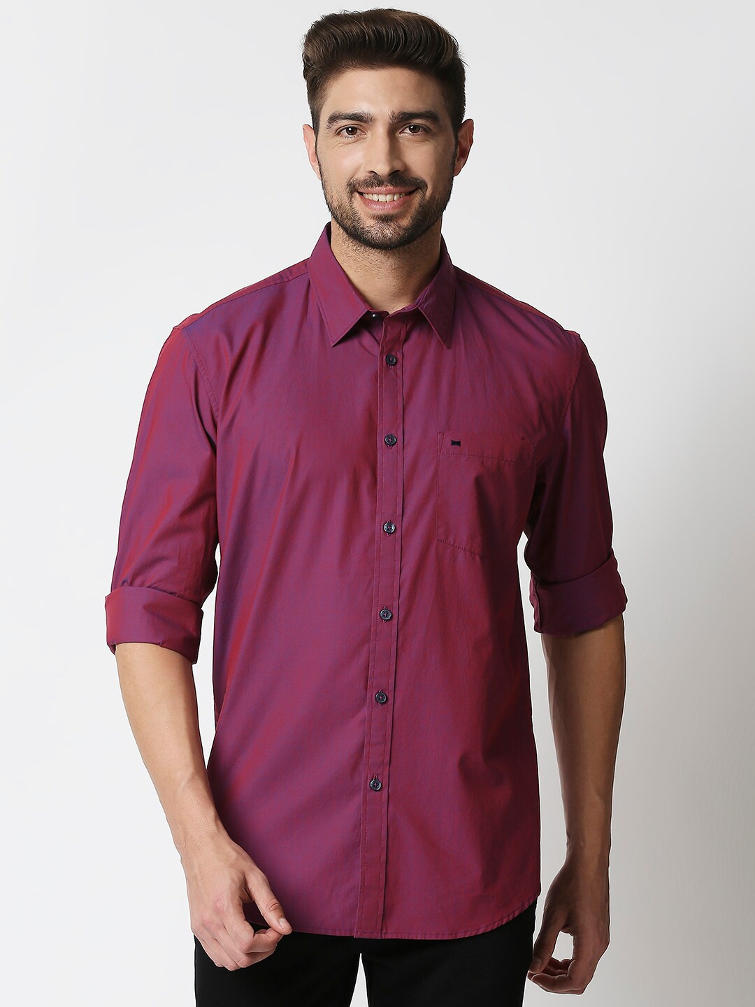 

Basics Men Magenta Solid Slim Fit Cotton Casual Shirt