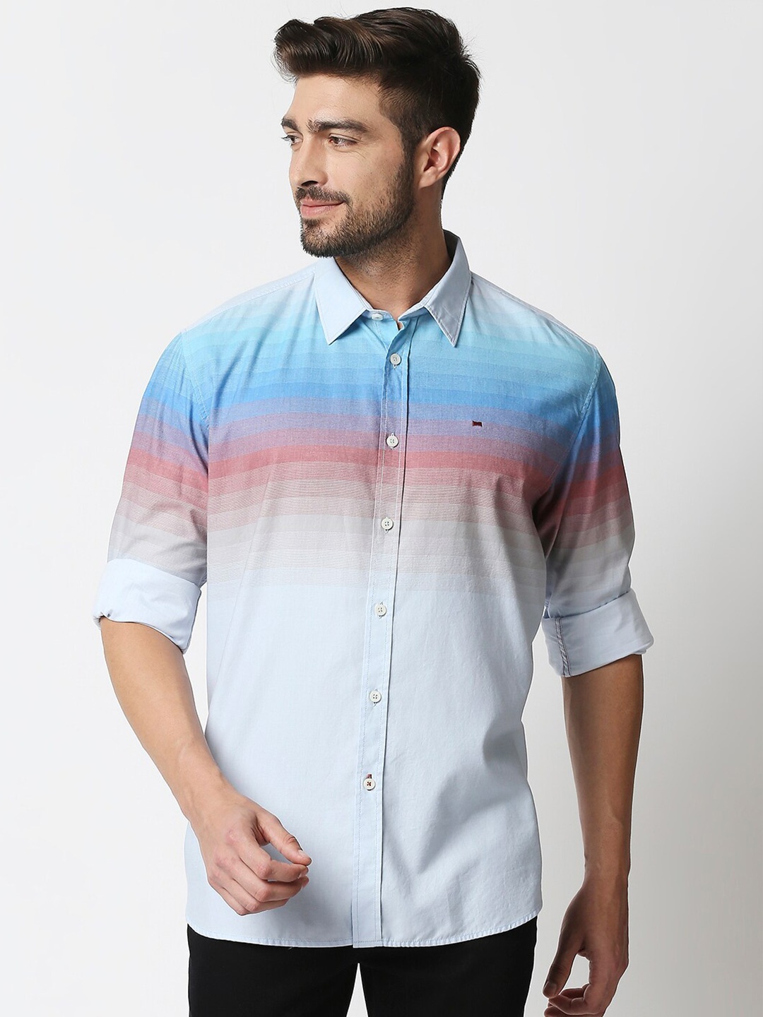 

Basics Men Blue & Pink Slim Fit Striped Cotton Casual Shirt