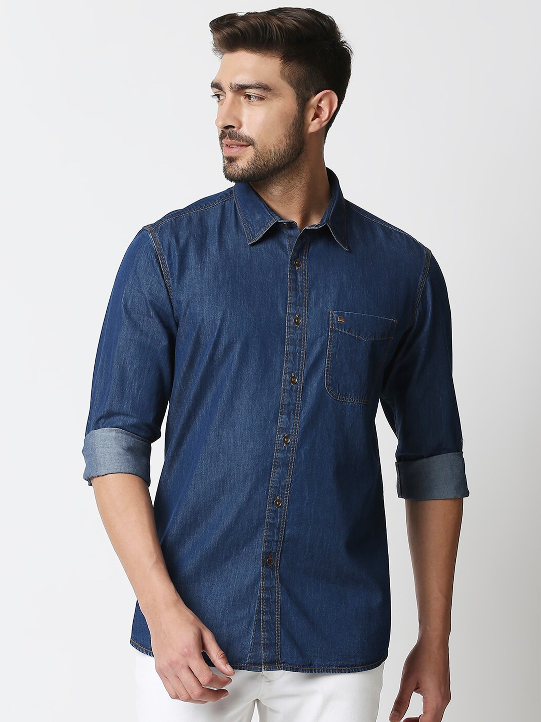 

Basics Men Blue Solid Slim Fit Cotton Denim Casual Shirt