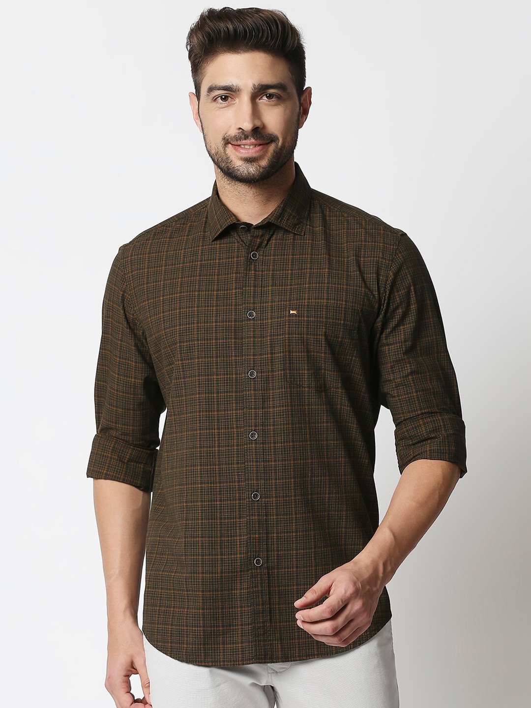 

Basics Men Olive Green & Rust Brown Slim Fit Checked Cotton Casual Shirt