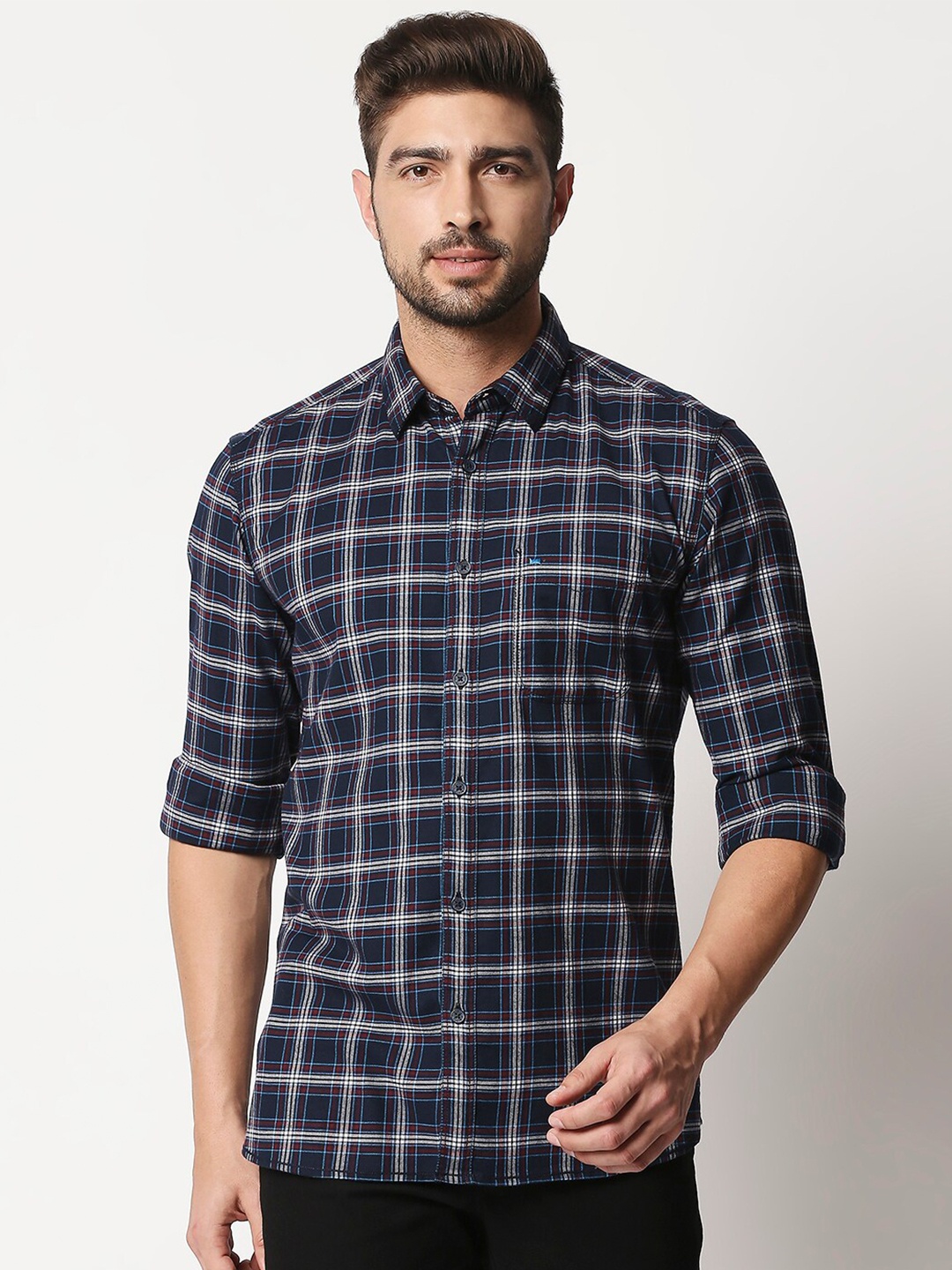 

Basics Men Navy Blue & Red Slim Fit Checked Cotton Casual Shirt