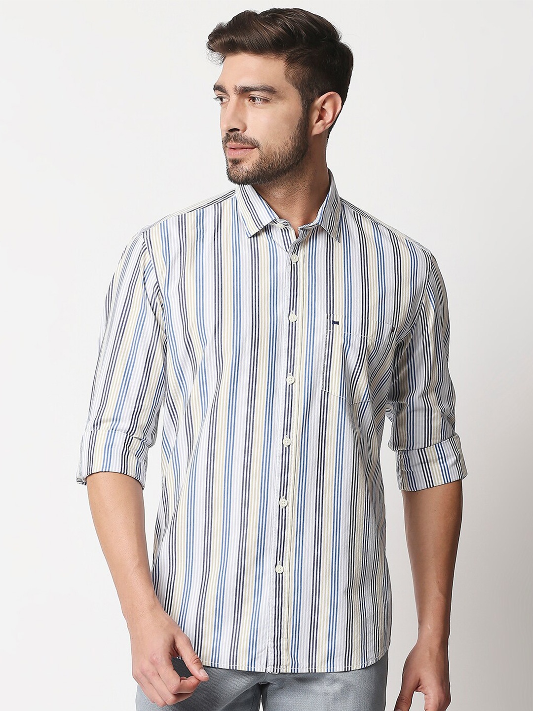 

Basics Men White & Blue Slim Fit Striped Cotton Casual Shirt